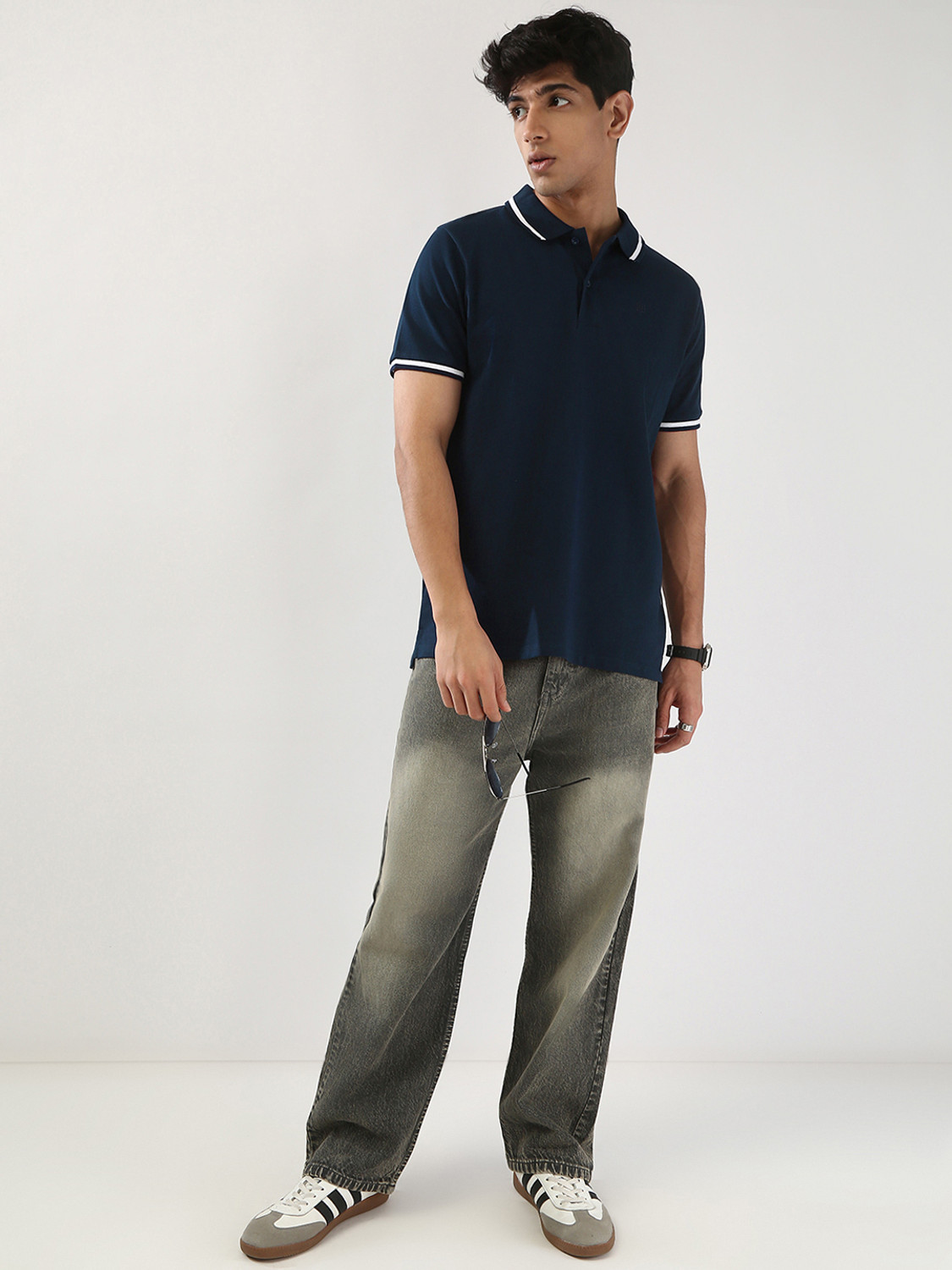 Image of Urbano Fashion Solid Men Polo Neck Dark Blue T-Shirt
