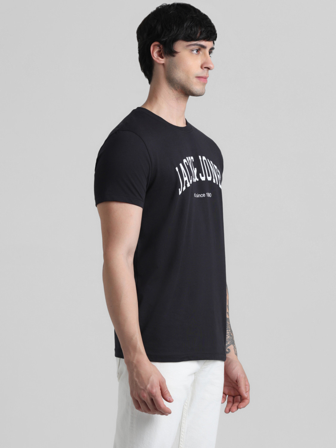 Image of JACK & JONES Typography Men Round Neck Black T-Shirt