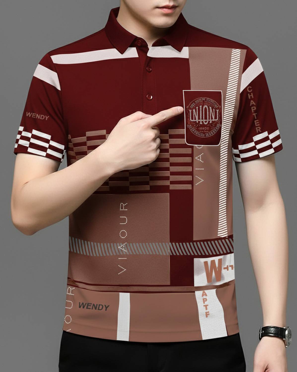 AUSK Men Checkered Polo Neck Cotton Blend Maroon, White T-Shirt