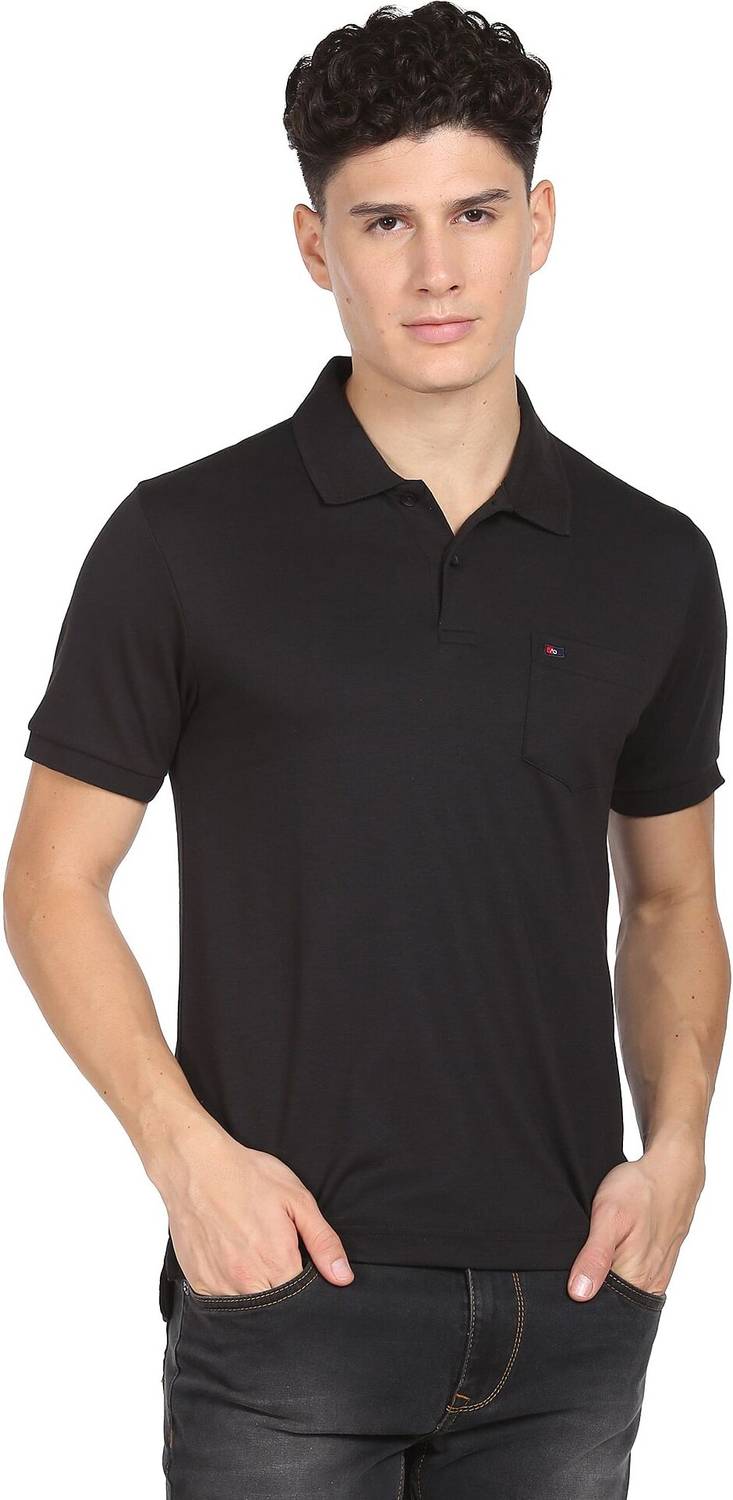 AD by Arvind Solid Men Polo Neck Black T-Shirt