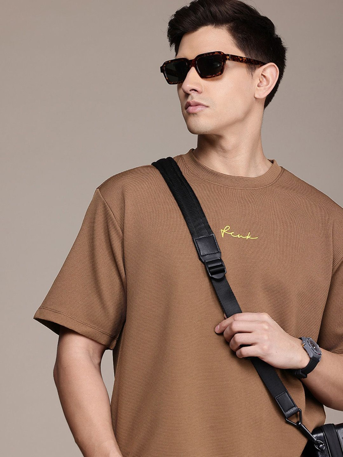 Image of FCUK Self Design Men Round Neck Brown T-Shirt