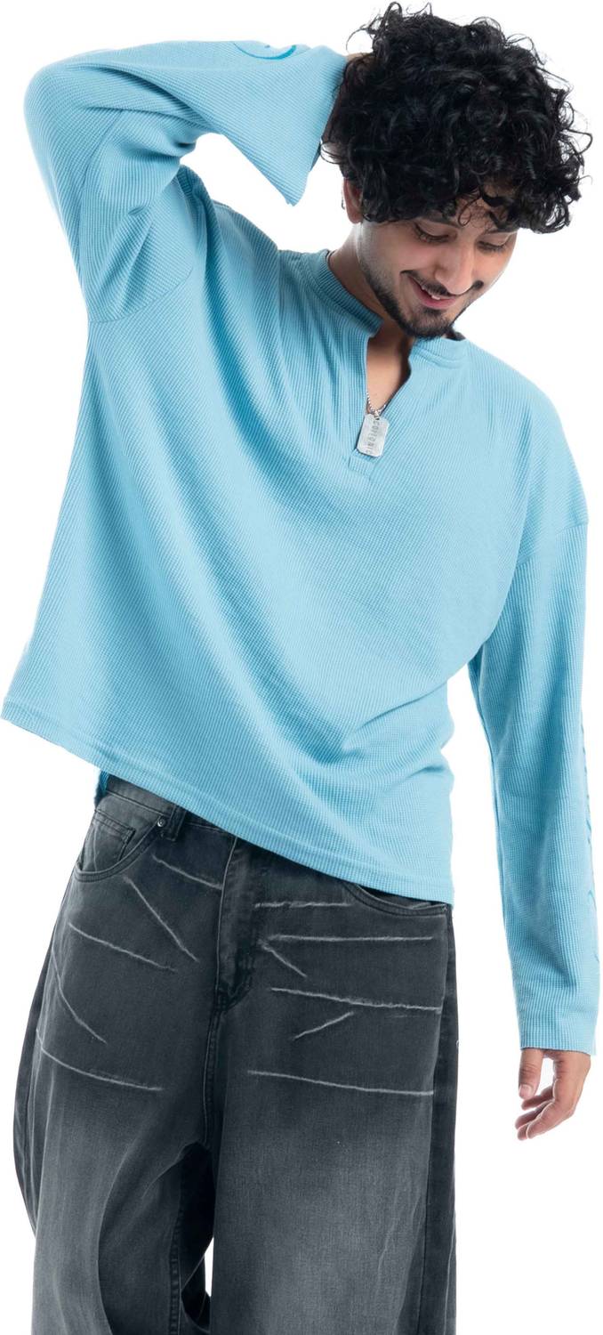 COITONIC Men Mandarin Collar Blue T-Shirt