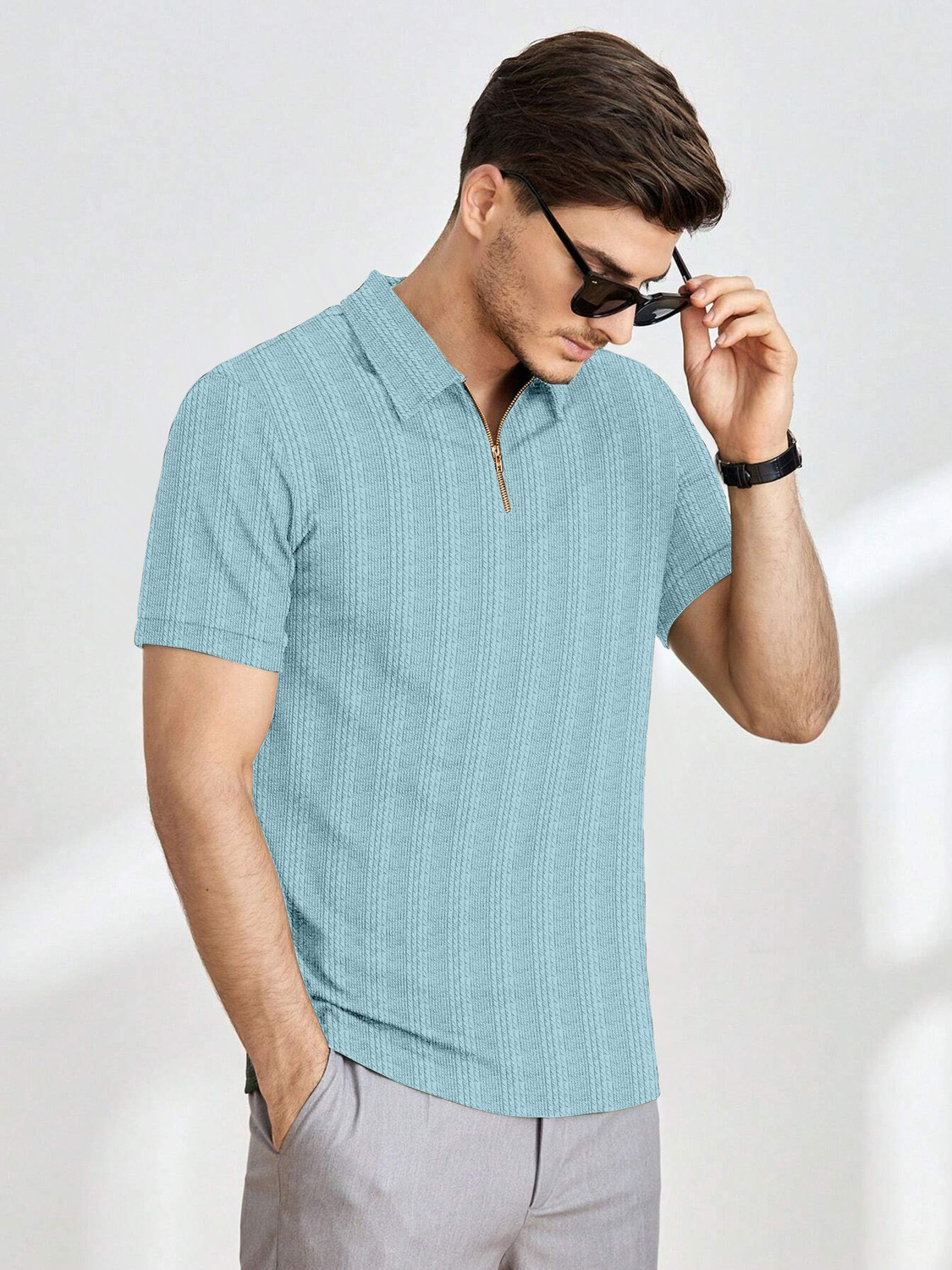 Image of COMBRAIDED Striped Men Zip Neck Light Blue T-Shirt