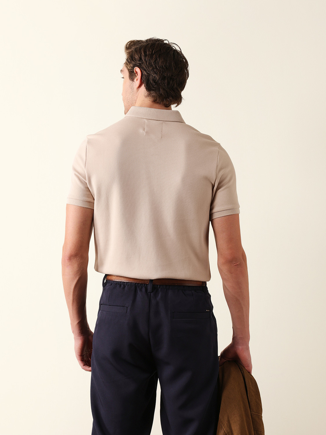 Image of THE BEAR HOUSE Solid Men Polo Neck Beige T-Shirt