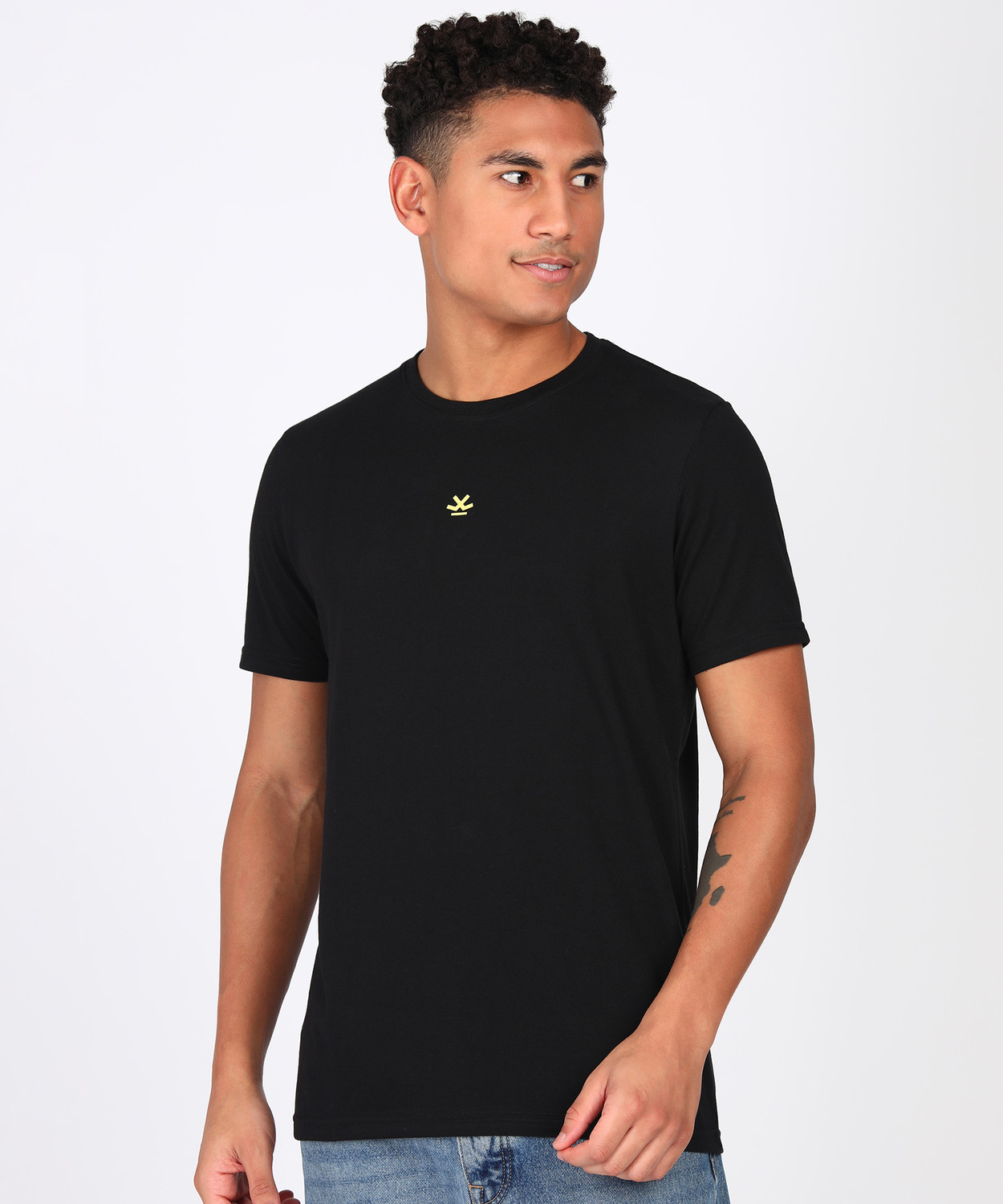 Image of WROGN Men Solid Round Neck Cotton Blend Black T-Shirt