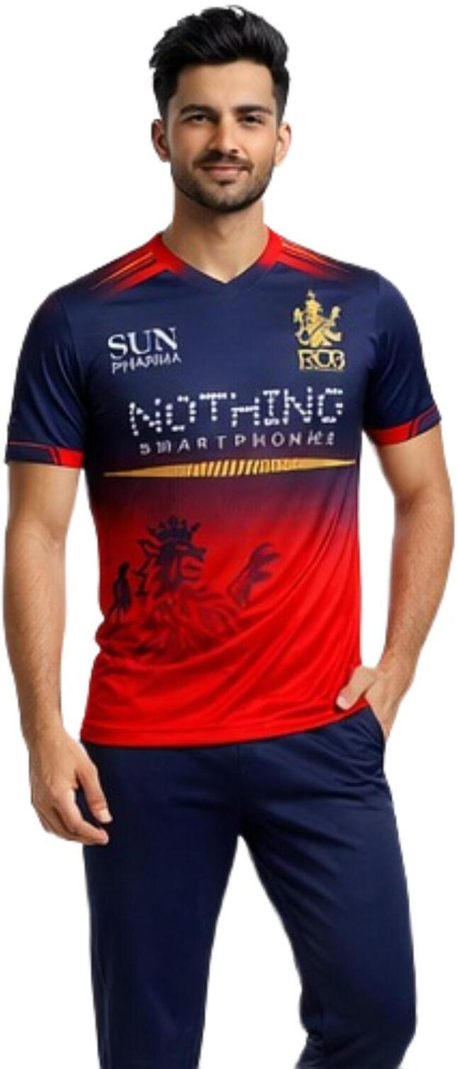 Image of MSV Printed Men V Neck Red, Blue T-Shirt