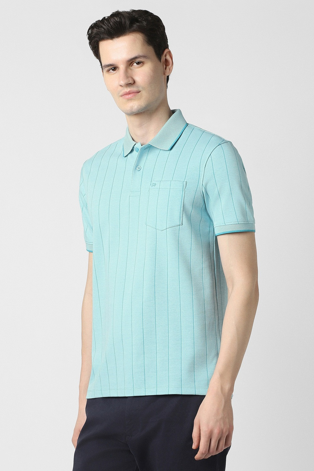 Image of PETER ENGLAND Men Striped, Self Design Polo Neck Polycotton Light Blue T-Shirt