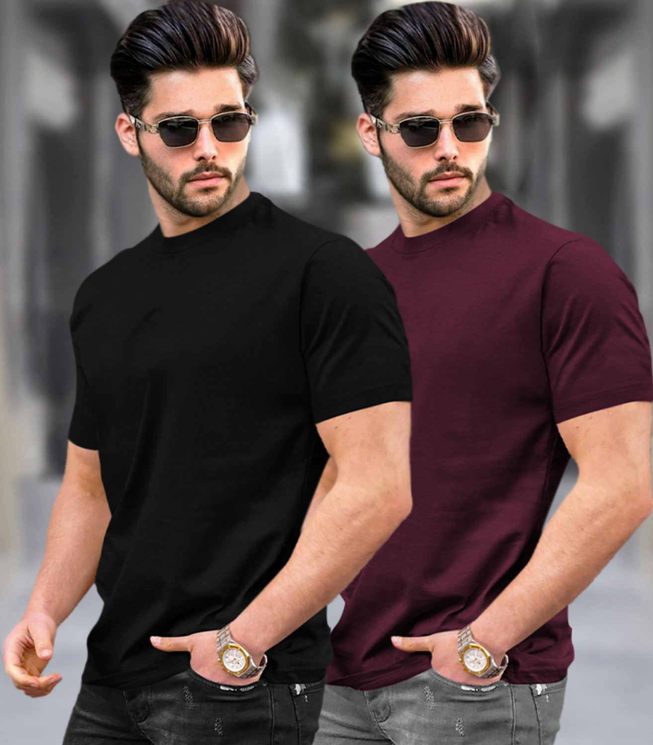 Image of TRIPR Solid Men Round Neck Black, Maroon T-Shirt