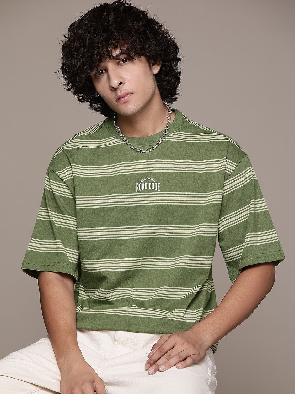 Image of Roadster Striped Men Round Neck Green T-Shirt