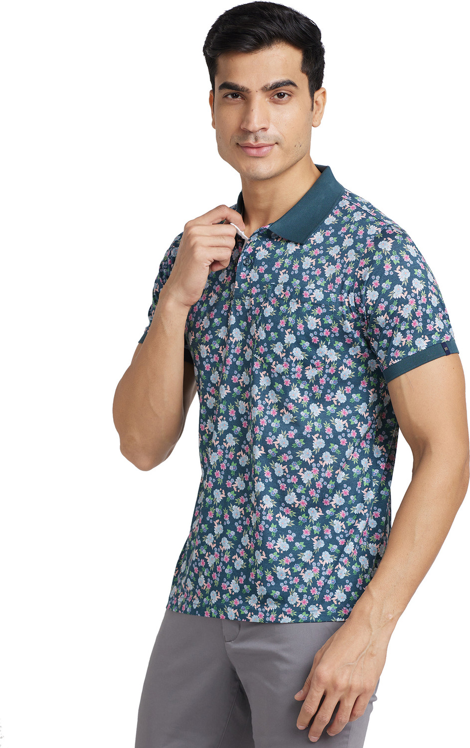 Image of Raymond Printed Men Polo Neck Blue T-Shirt