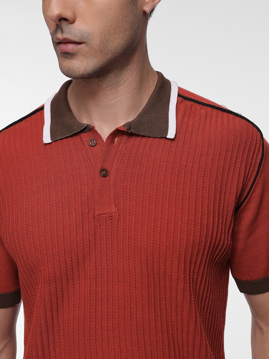 Image of French Connection Self Design Men Polo Neck Red T-Shirt