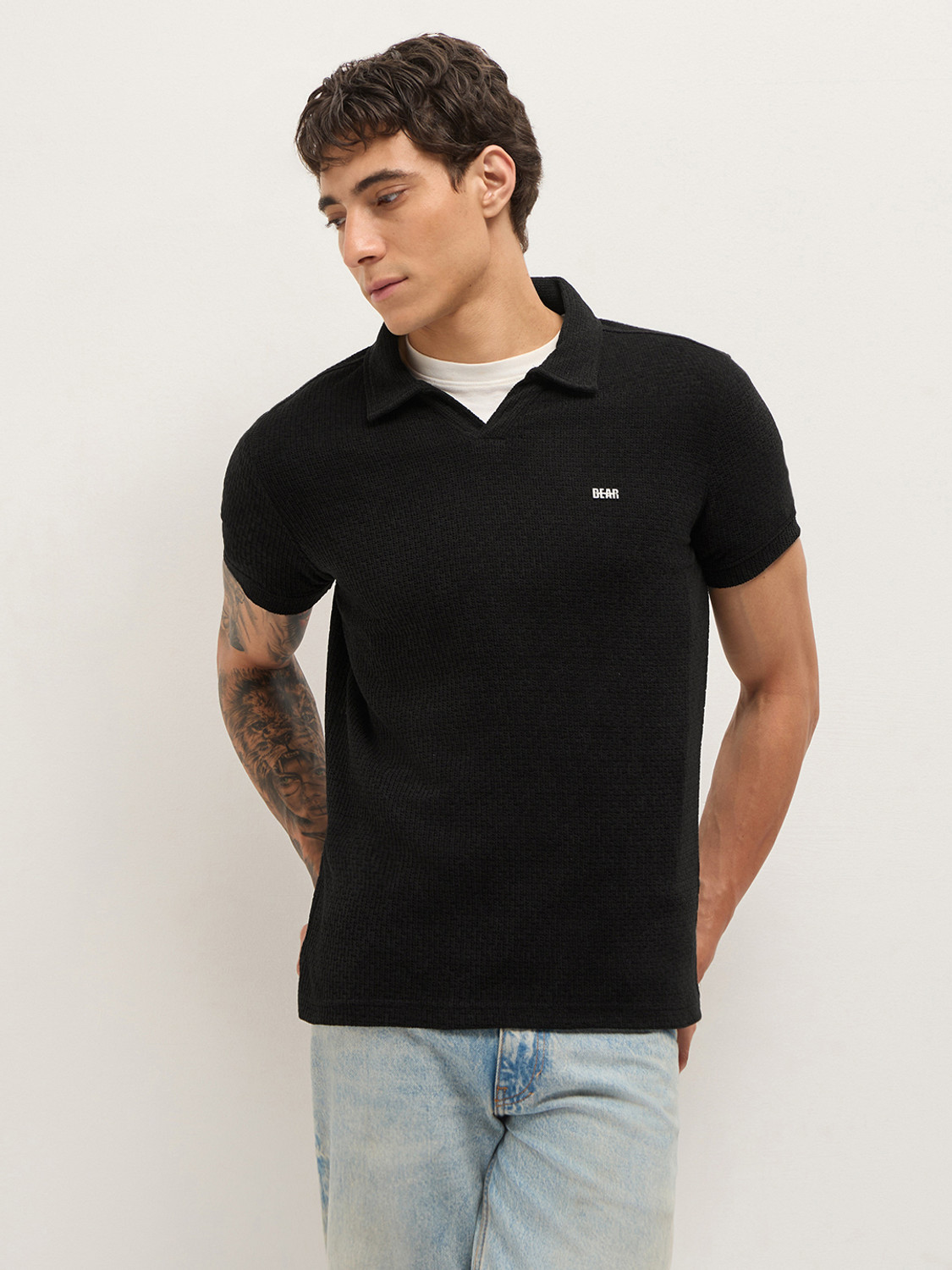 Image of THE BEAR HOUSE Self Design Men Polo Neck Black T-Shirt