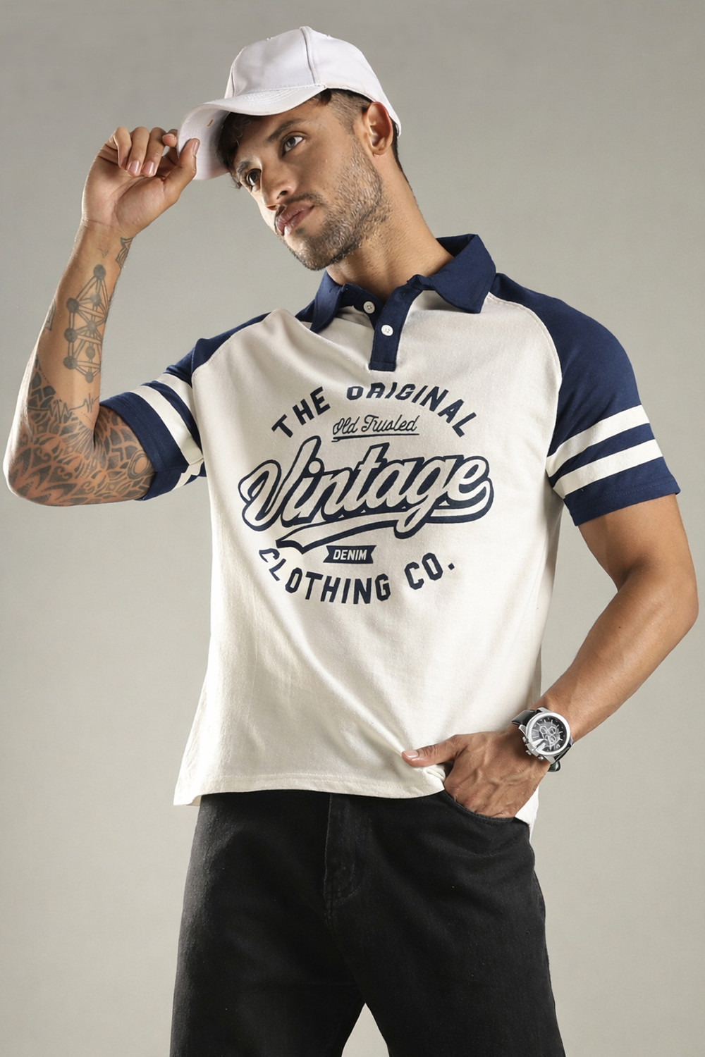Image of SHINX Printed Men Polo Neck White, Dark Blue T-Shirt