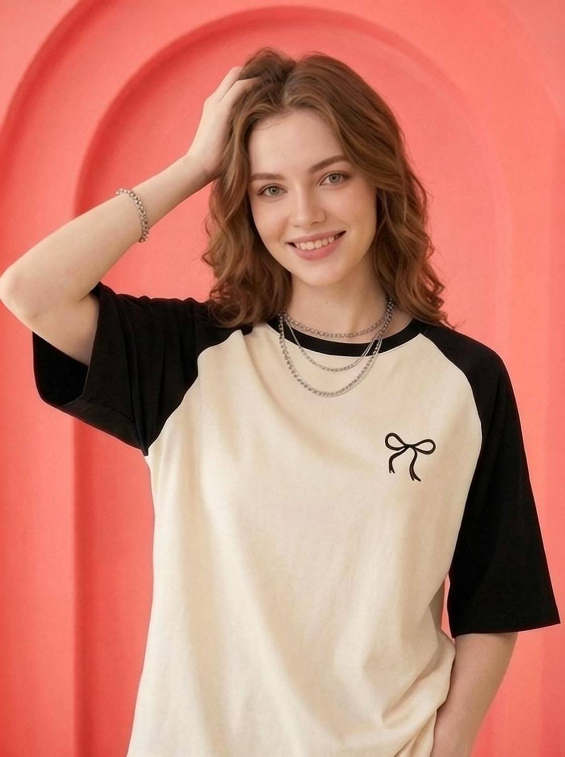 Thread Monk Colorblock Women Round Neck Beige, Black T-Shirt