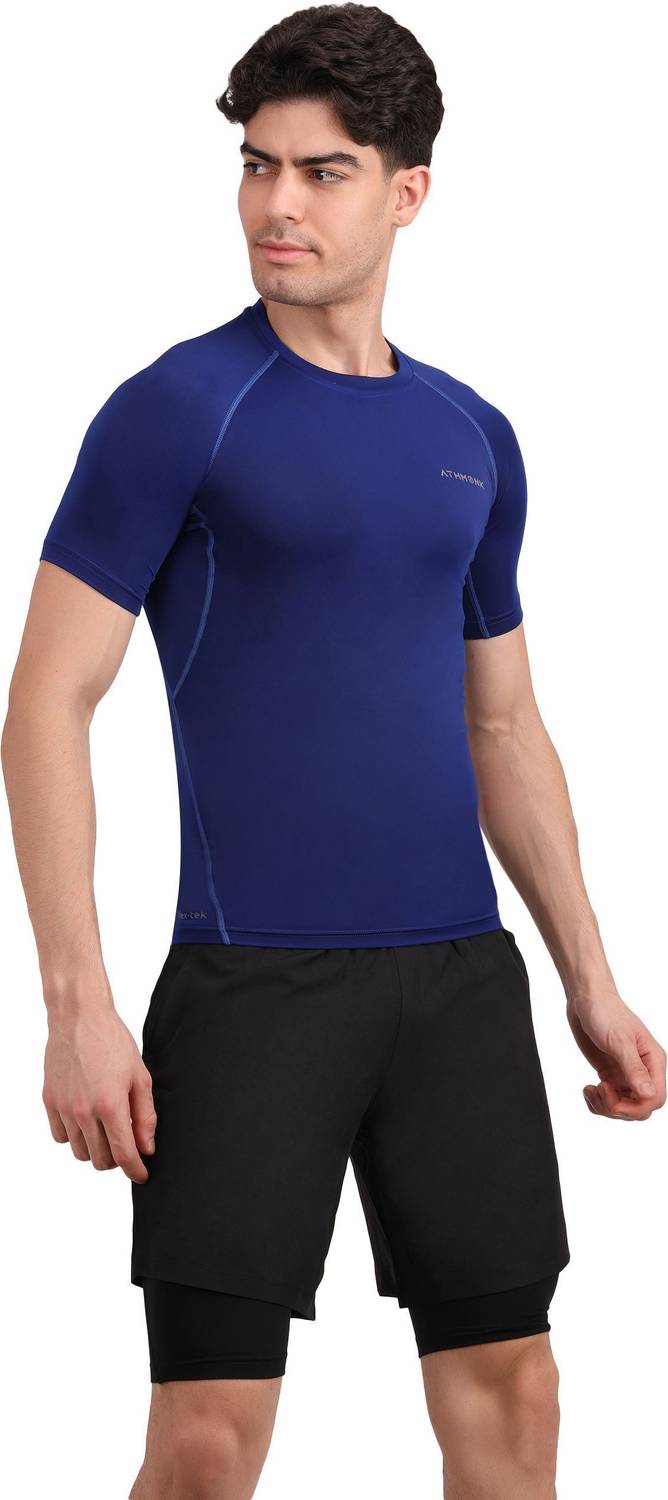 Athmonk Solid Men Round Neck Blue T-Shirt