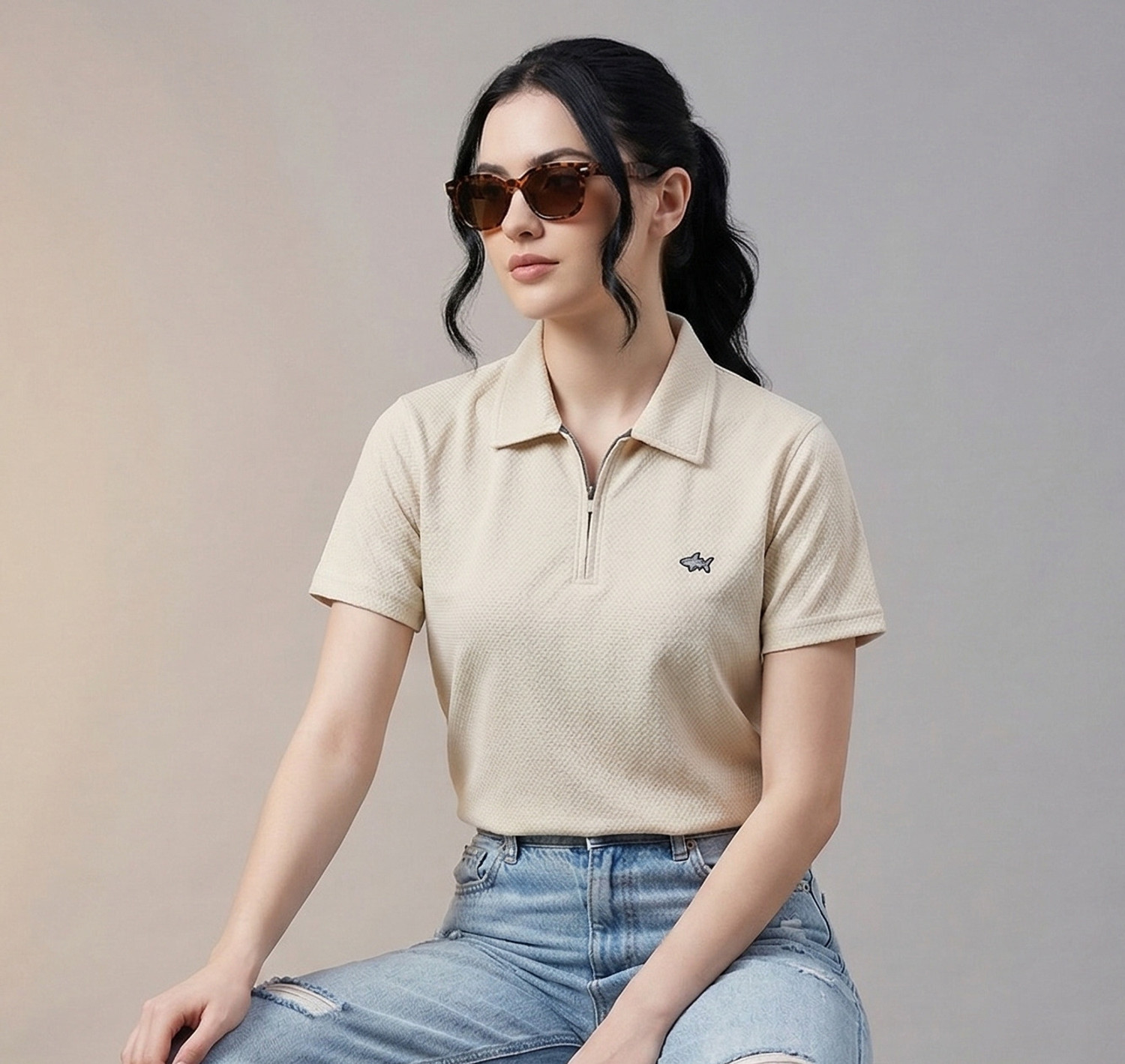 Image of WOOLBERRY Solid Women Polo Neck Beige T-Shirt