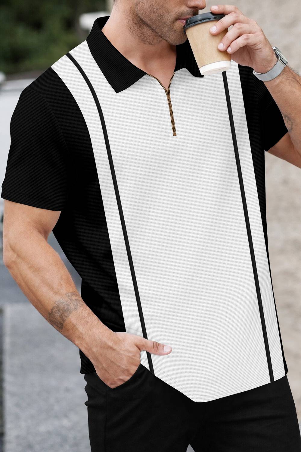 KAJARU Colorblock Men Polo Neck Black, White T-Shirt - Image 3