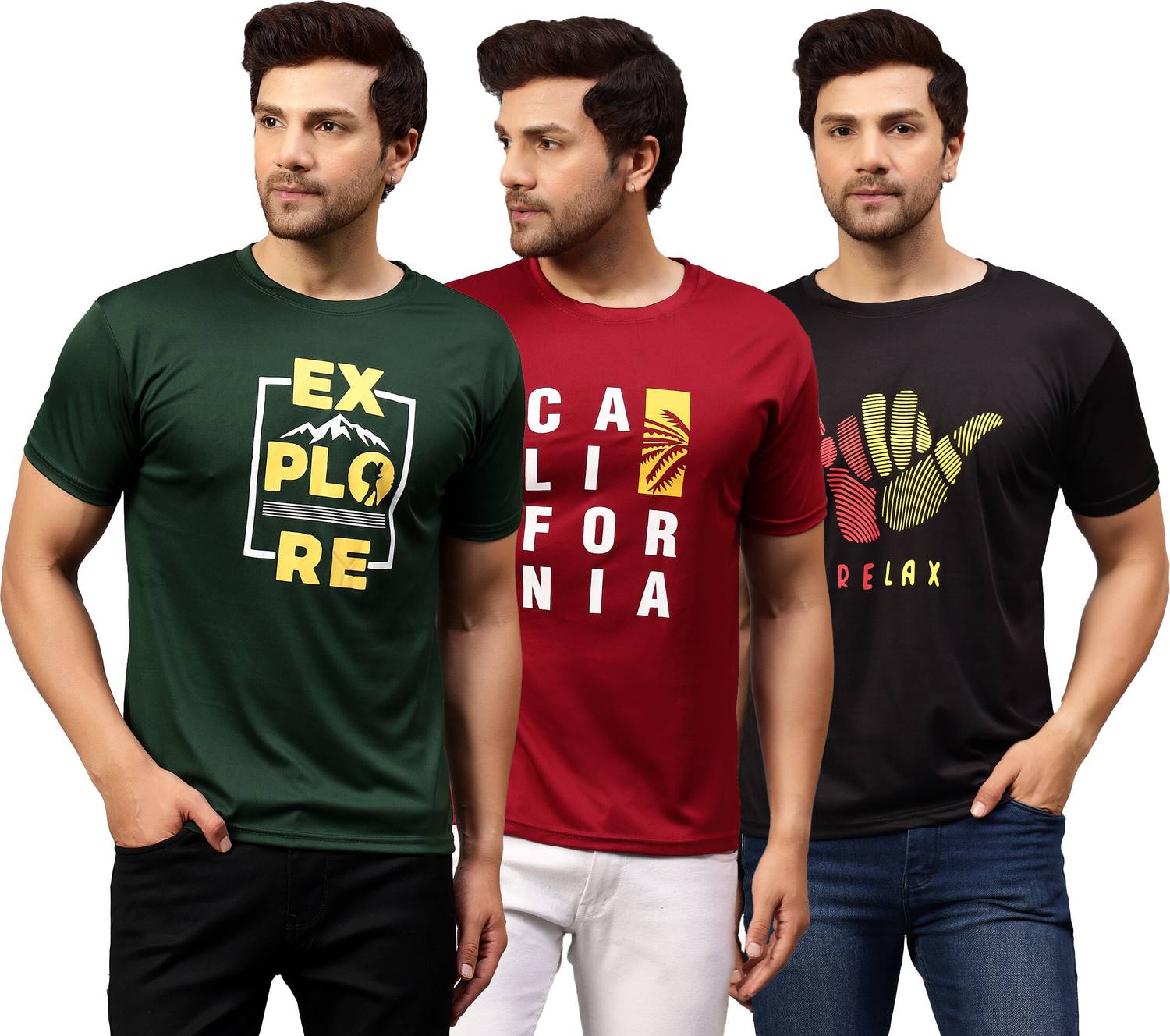 Garmin Pack of 3 Men Printed Round Neck Polyester Multicolor T-Sh