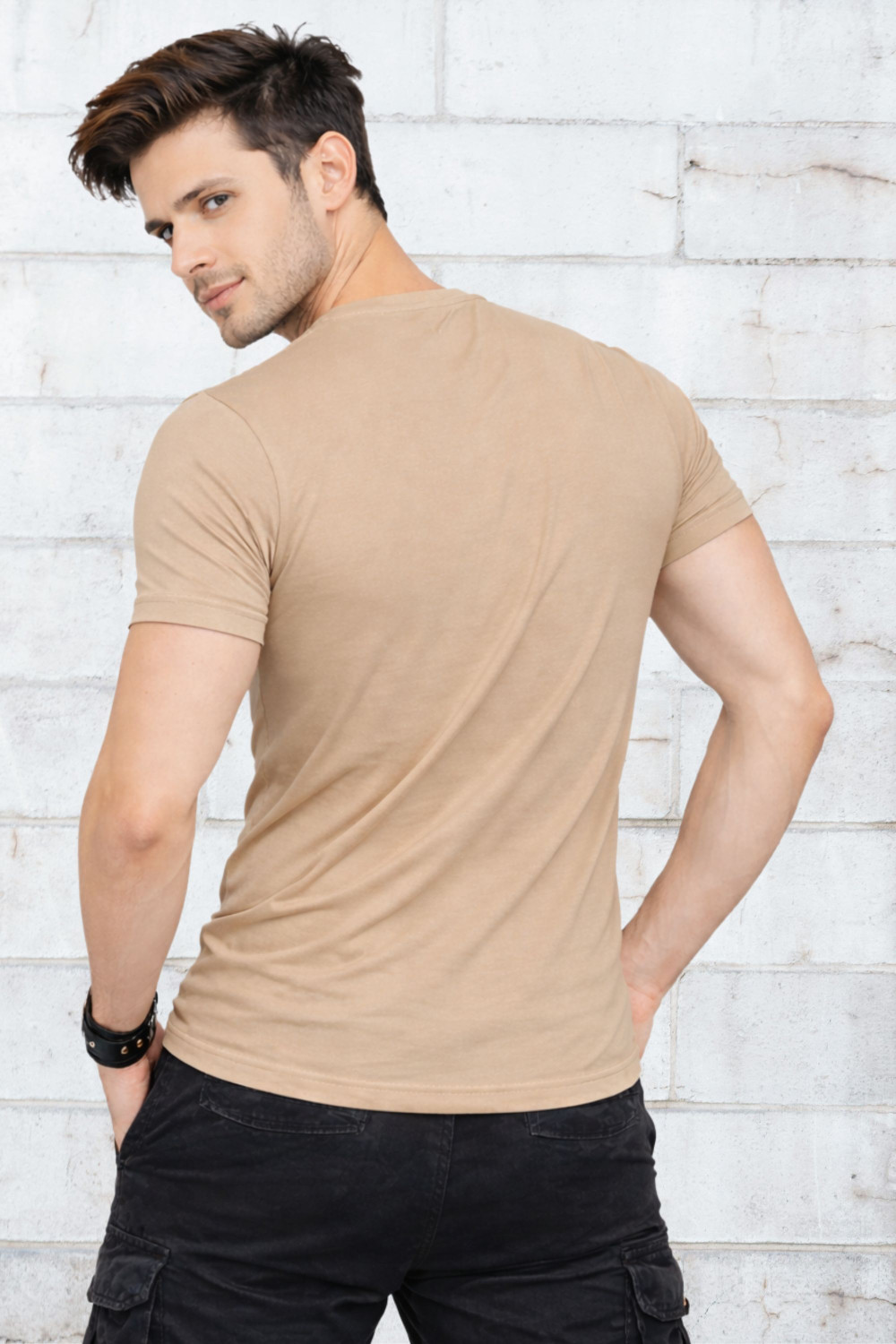 Image of SMARTRIX Solid Men Round Neck Beige, Navy Blue T-Shirt