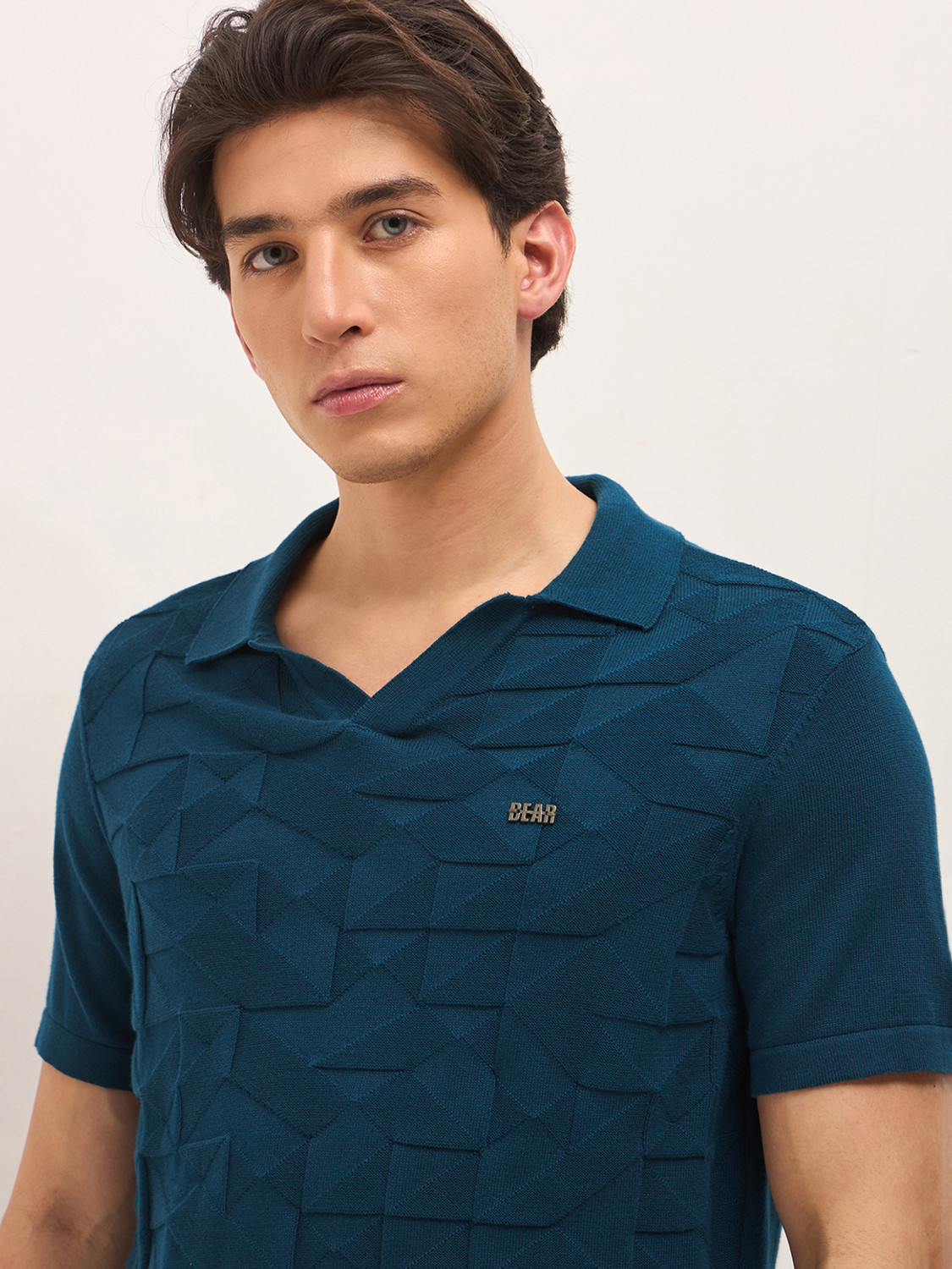 Image of THE BEAR HOUSE Self Design Men Polo Neck Blue T-Shirt