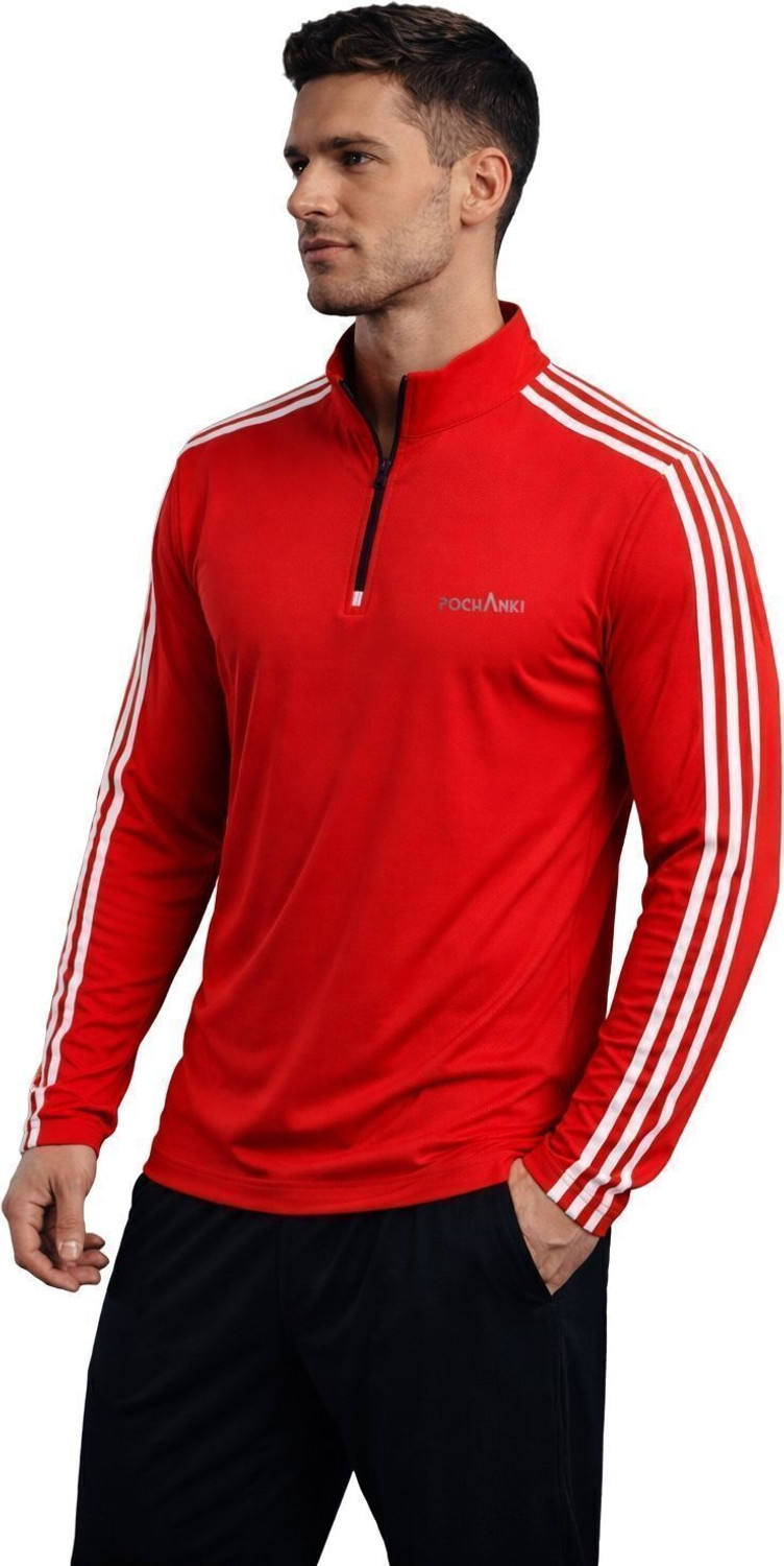 Image of Pochanki Striped Men Zip Neck Red T-Shirt