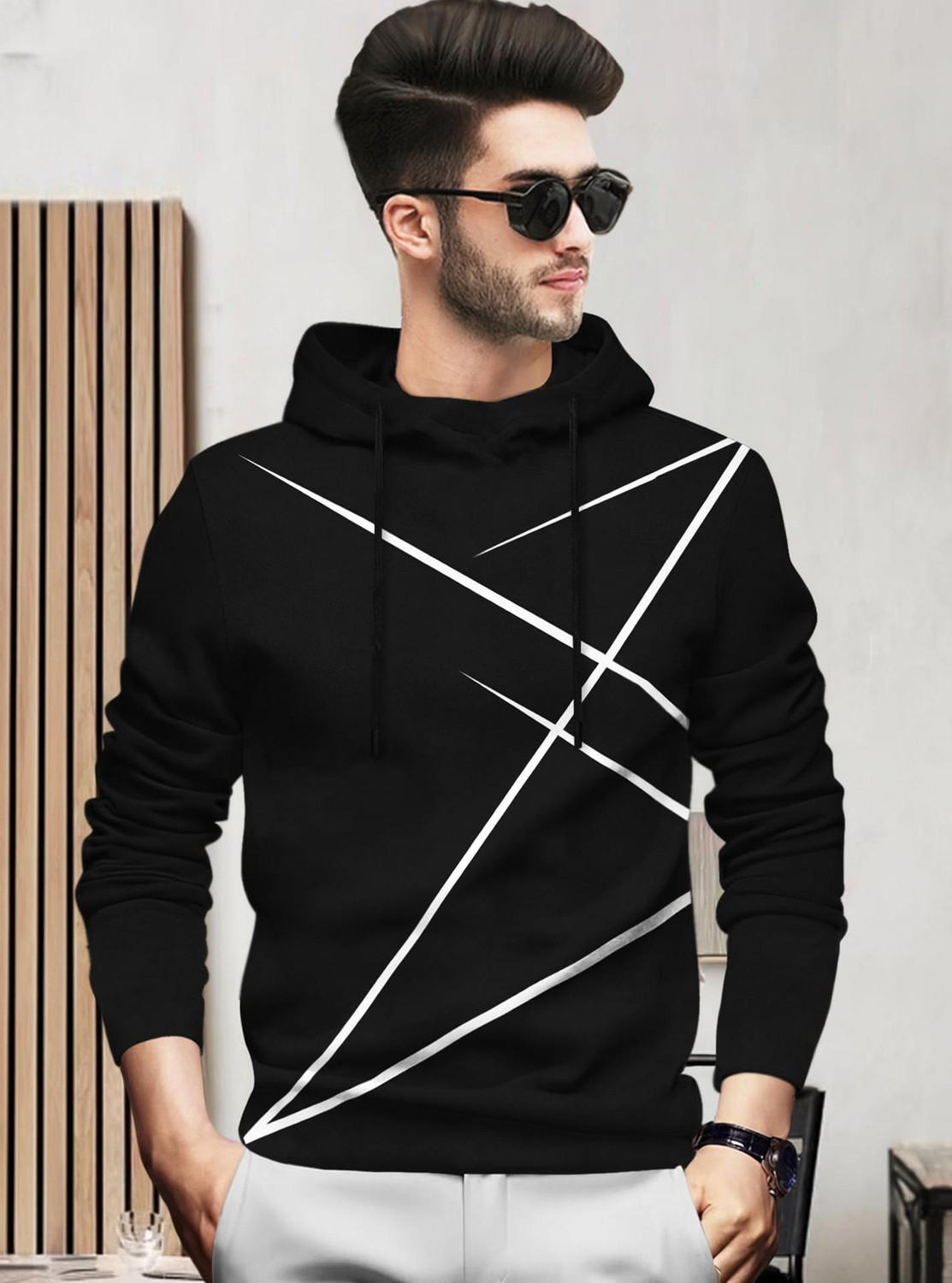 Image of BLIVE Printed Men Hooded Neck Black T-Shirt