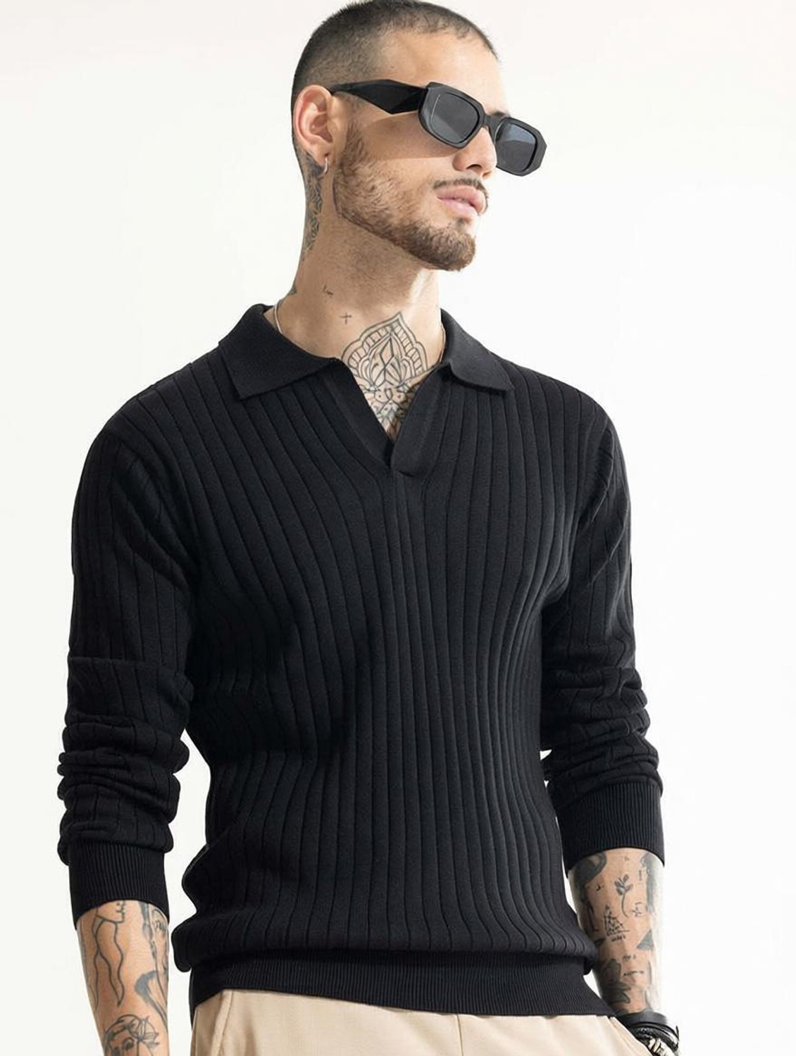 Image of Snitch Self Design Men Polo Neck Black T-Shirt