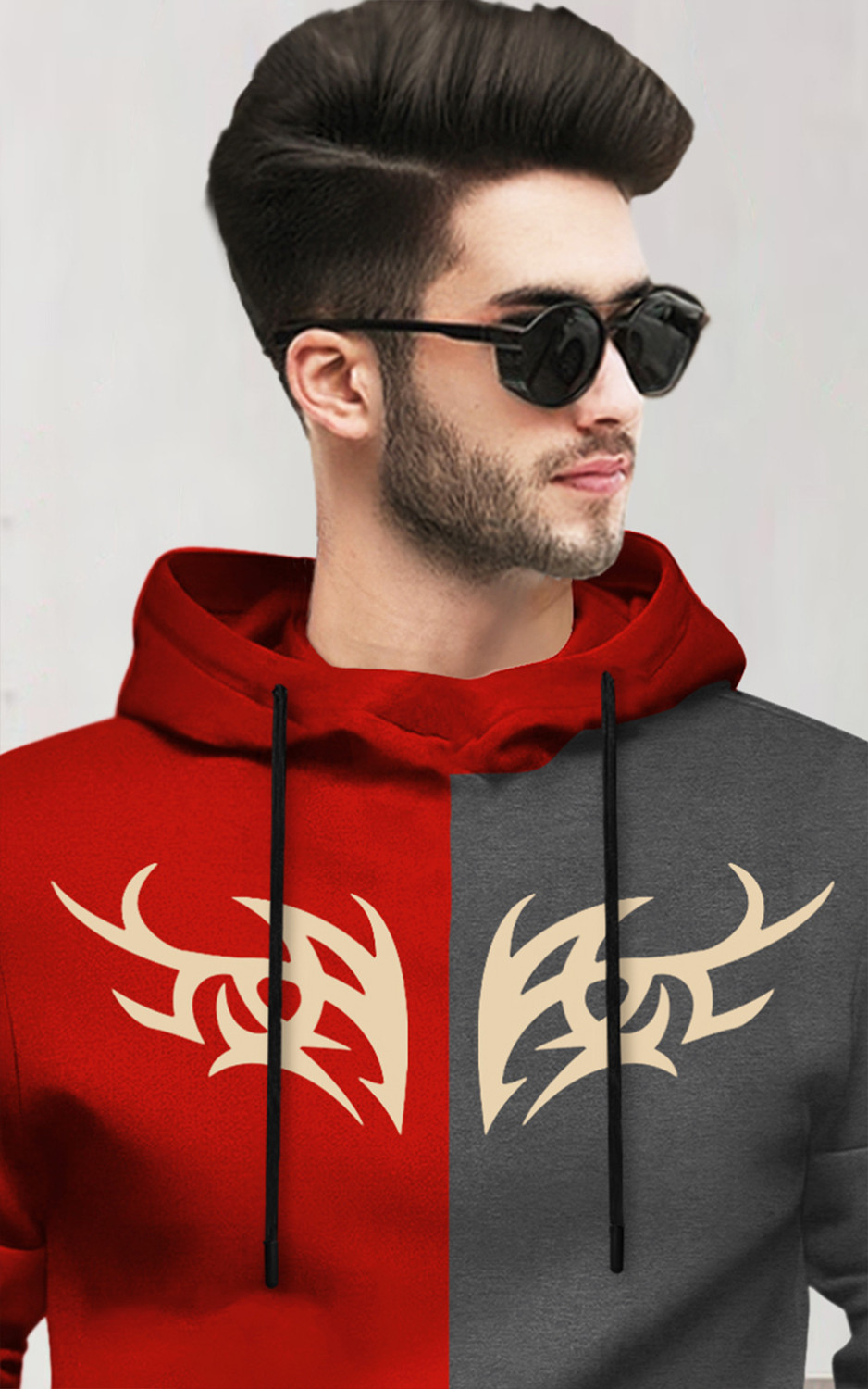 Image of BLIVE Printed Men Hooded Neck Red, Grey T-Shirt