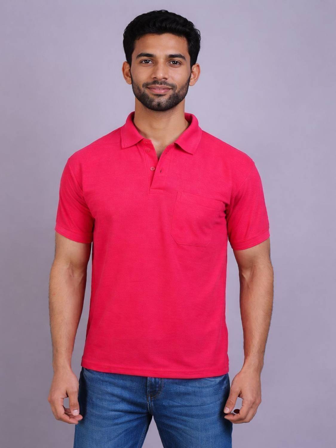 Bamboo Breeze Solid Men Polo Neck Pink T-Shirt