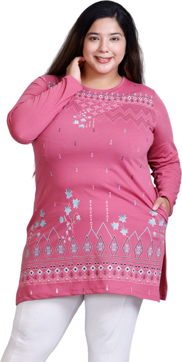 Image of Star Touch Floral Print Women Round Neck Pink T-Shirt