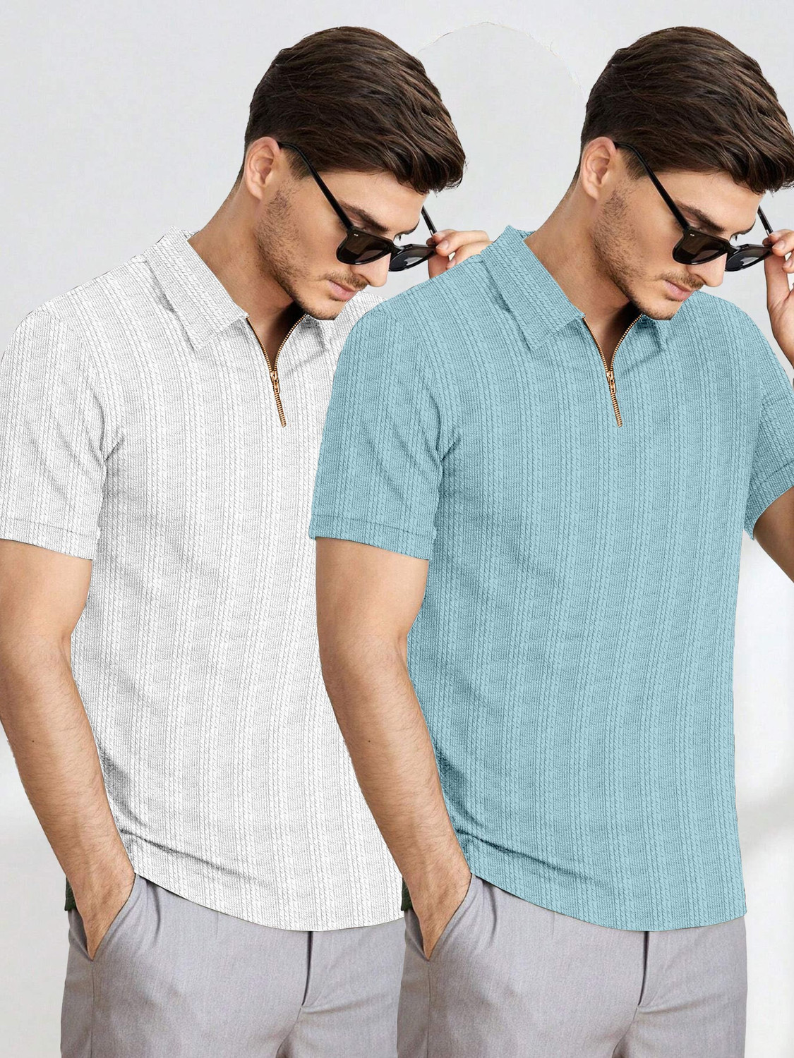 Image of COMBRAIDED Striped Men Zip Neck White, Blue T-Shirt