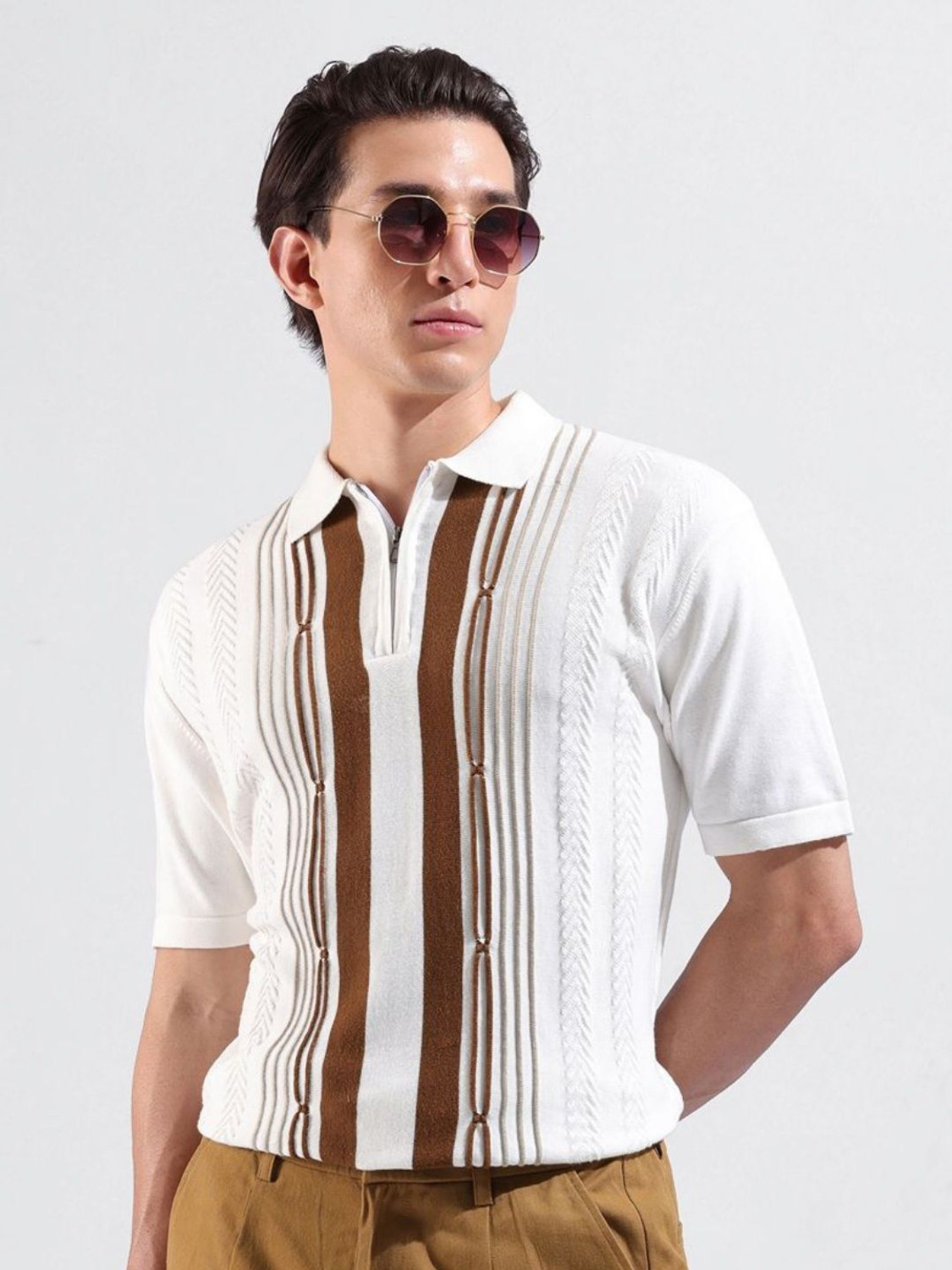 Image of The Indian Garage Co. Self Design Men Polo Neck White T-Shirt
