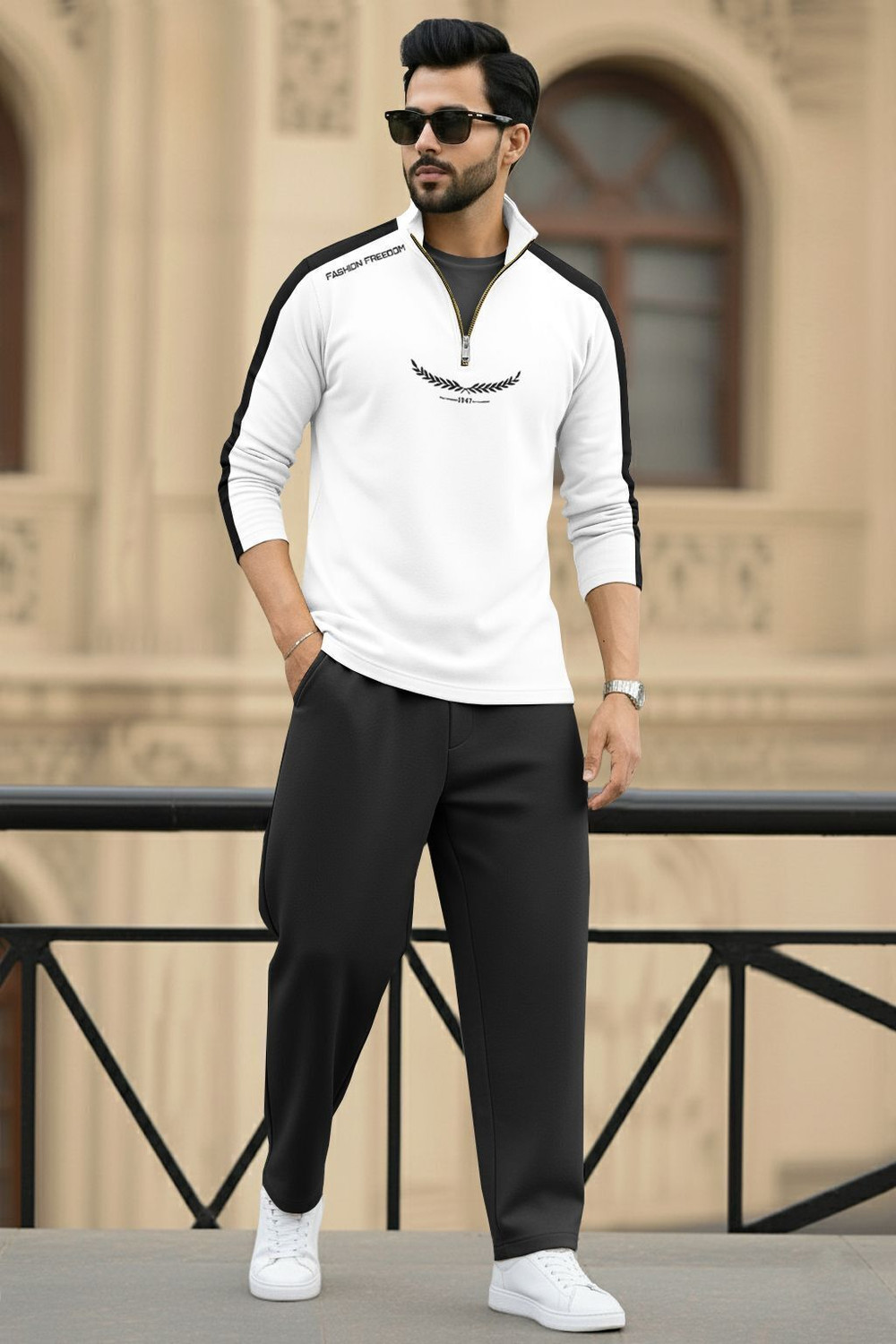 Image of TRIPR Printed Men Henley Neck White, Black T-Shirt