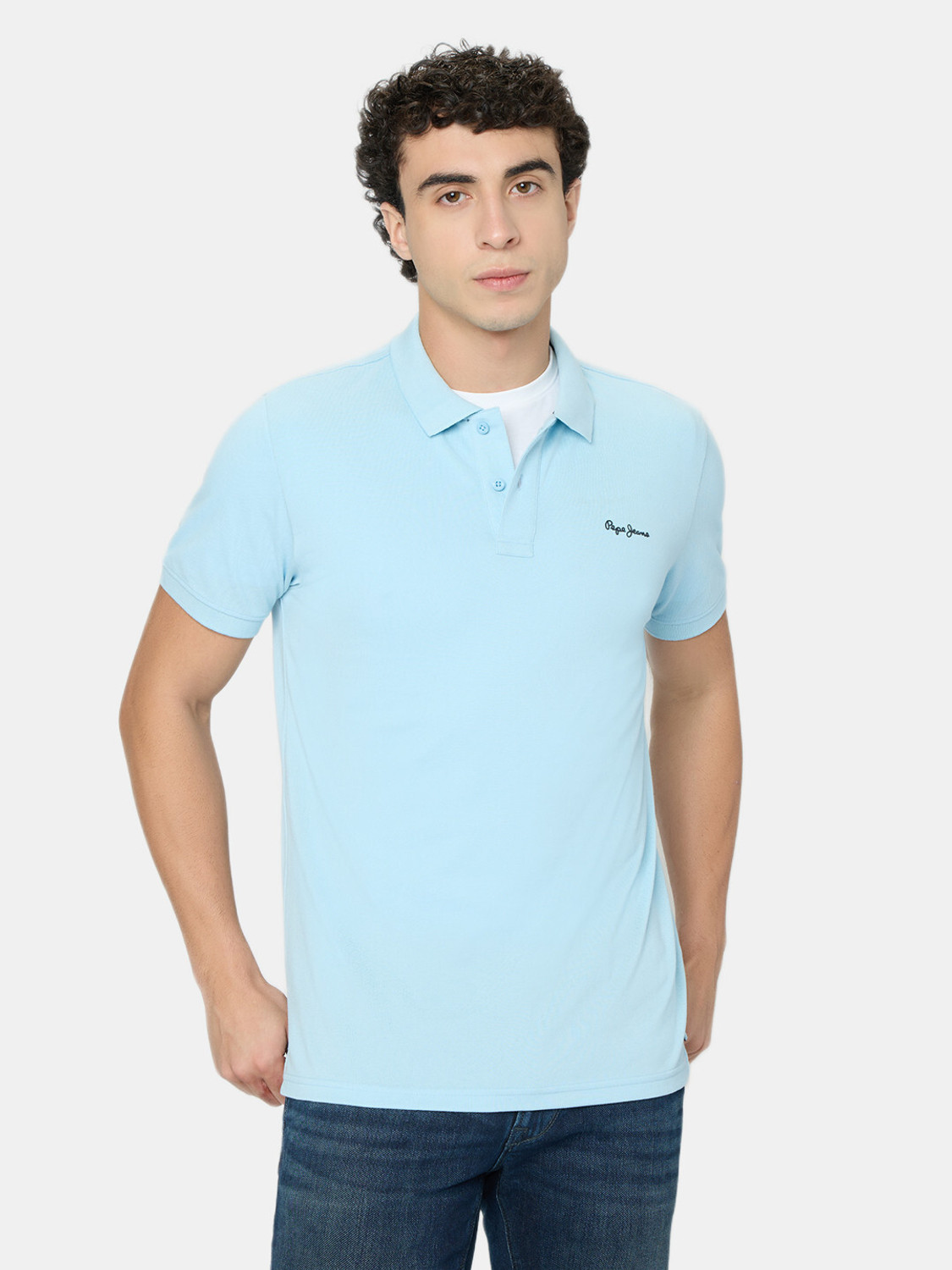 Image of Pepe Jeans Self Design Men Polo Neck Blue T-Shirt