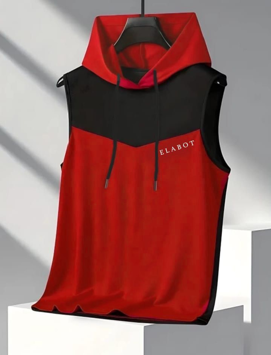 Image of ELABOT Solid Men Hooded Neck Red, Black T-Shirt