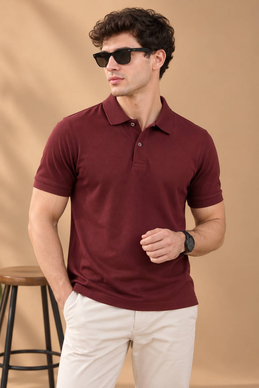 Roadster Solid Men Polo Neck Maroon T-Shirt - Image 1
