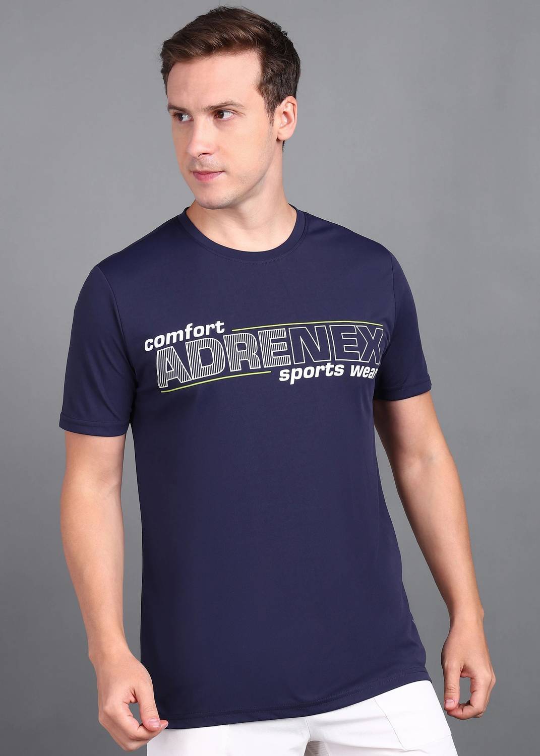 Adrenex Printed Men Round Neck Navy Blue T-Shirt