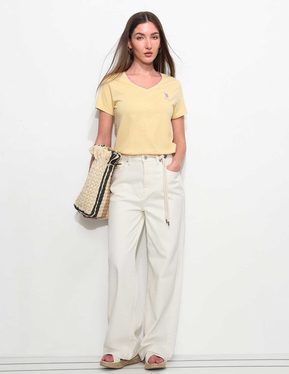 Image of U.S. POLO ASSN. Solid Women V Neck Yellow T-Shirt