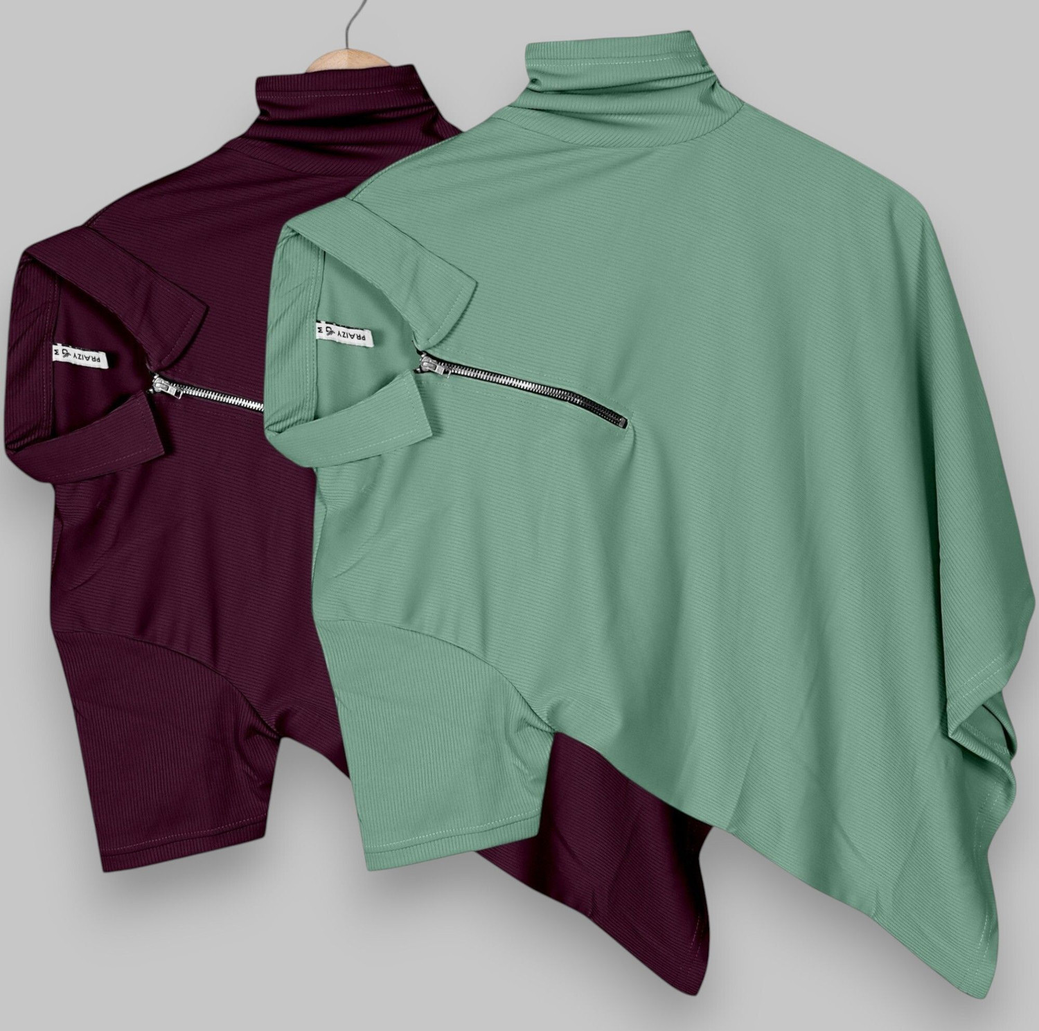 Image of PRAIZY Self Design Men Zip Neck Light Green, Purple T-Shirt