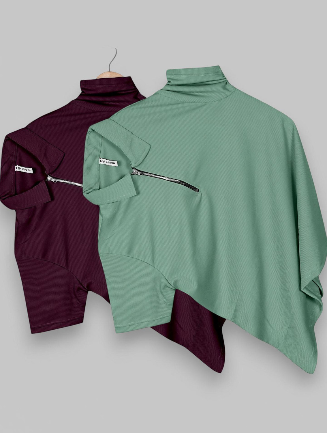 Image of PRAIZY Self Design Men Zip Neck Light Green, Purple T-Shirt
