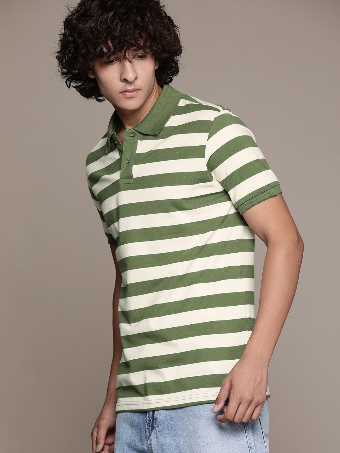 Image of Roadster Striped Men Polo Neck White T-Shirt
