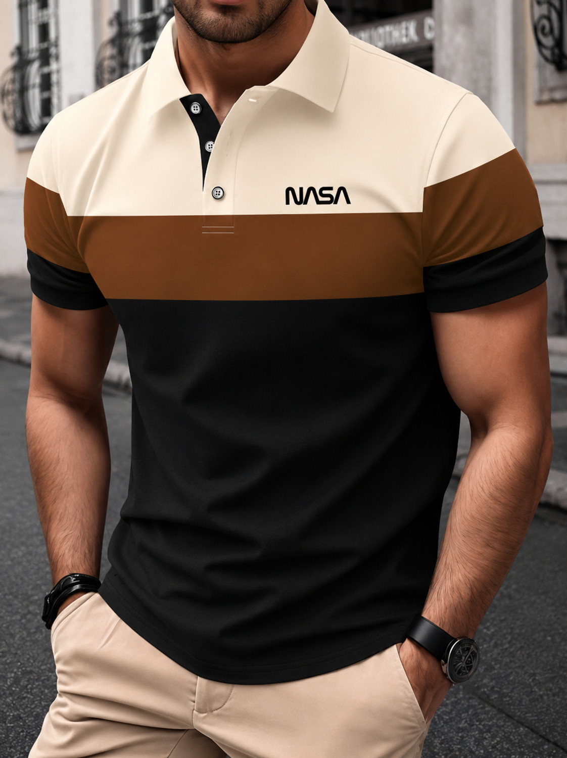 Image of STITCHROOT Colorblock Men Polo Neck Black T-Shirt