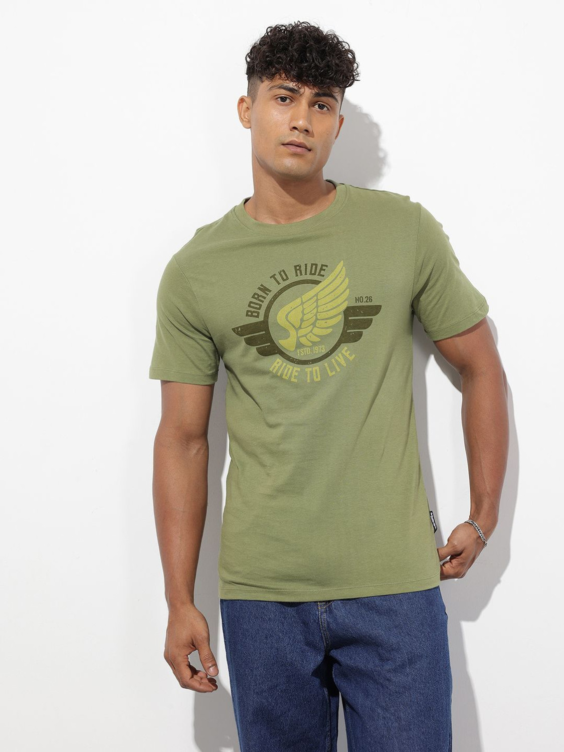 Image of Roadster Printed Men Round Neck Green T-Shirt
