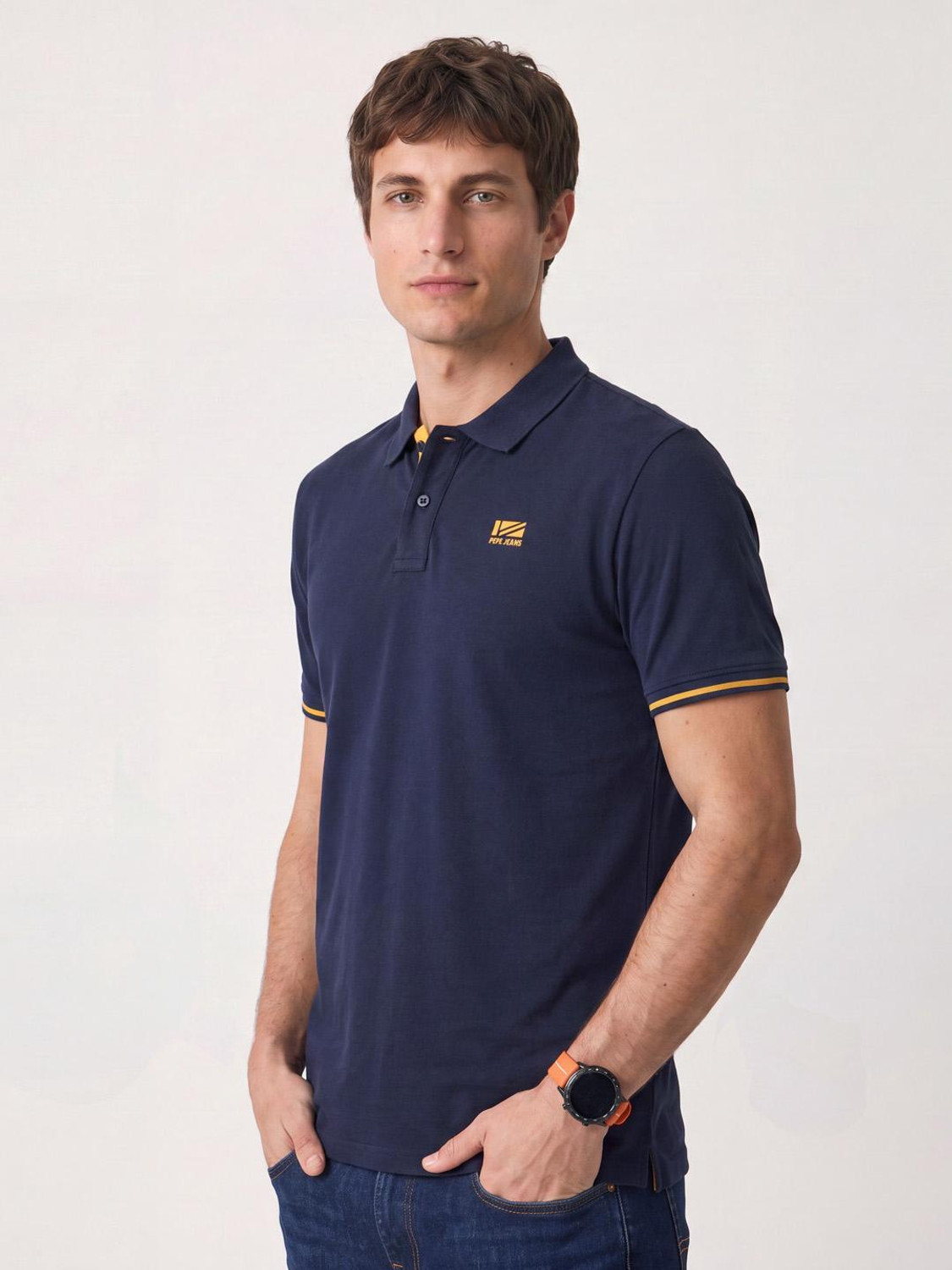 Image of Pepe Jeans Men Solid Polo Neck Polycotton Blue T-Shirt