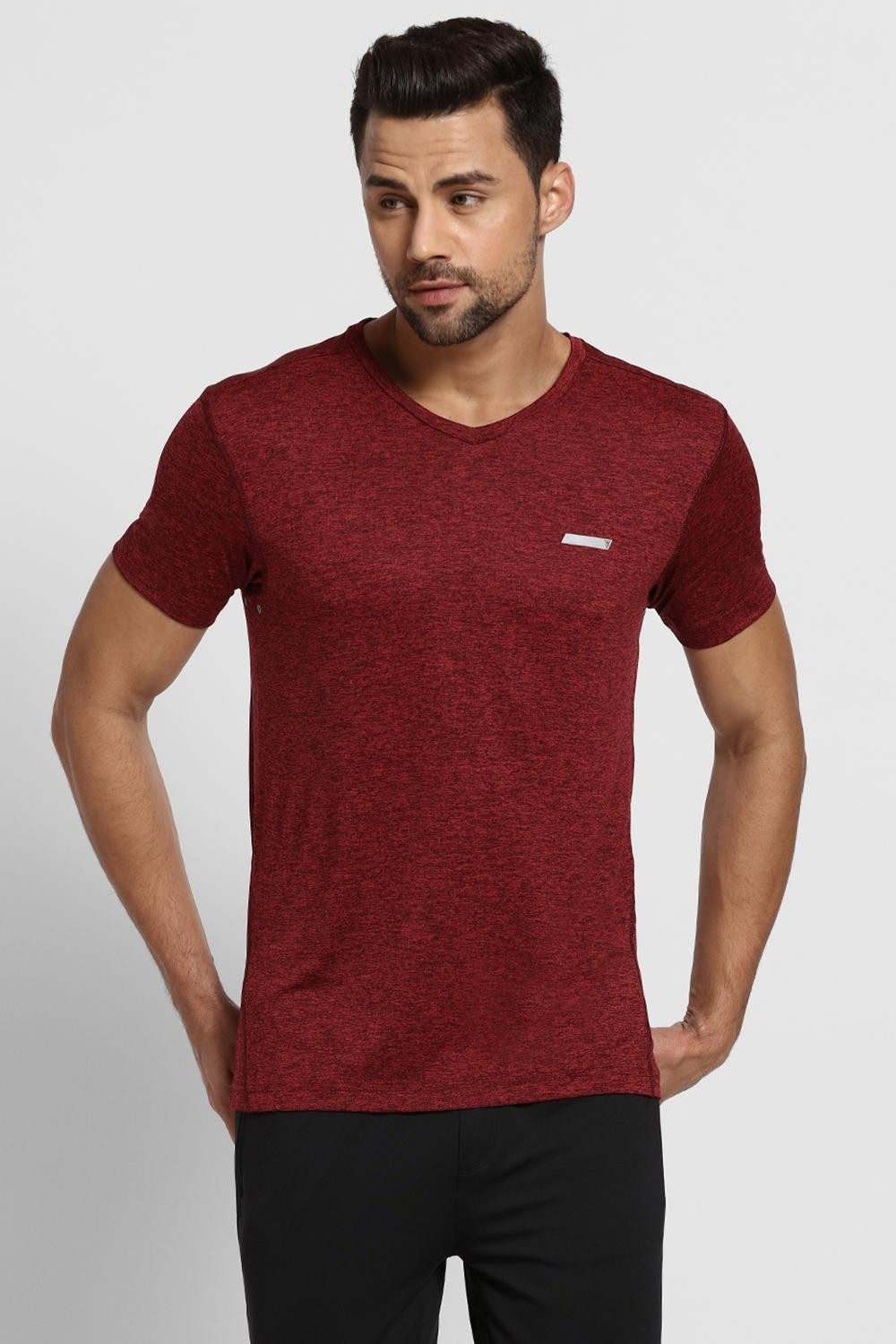 Image of VAN HEUSEN Self Design Men V Neck Maroon T-Shirt