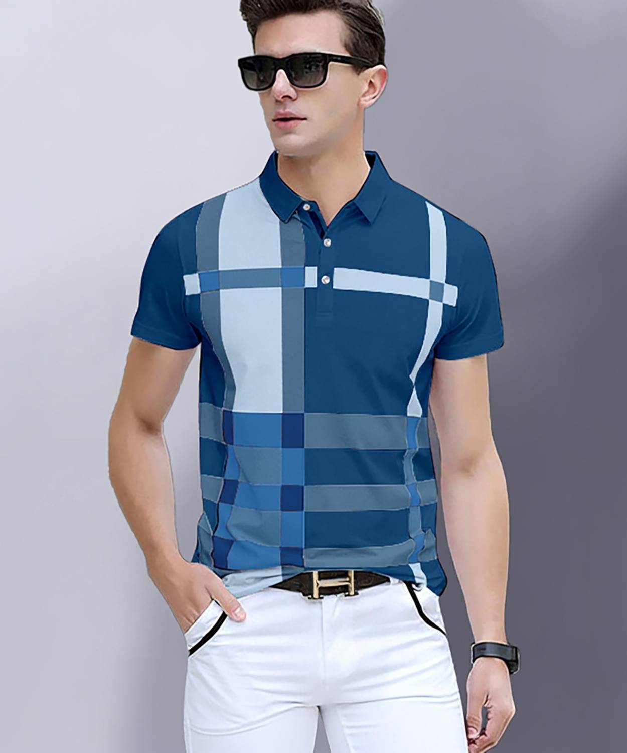 AUSK Men Striped Polo Neck Cotton Blend Dark Blue, Light Blue T-S