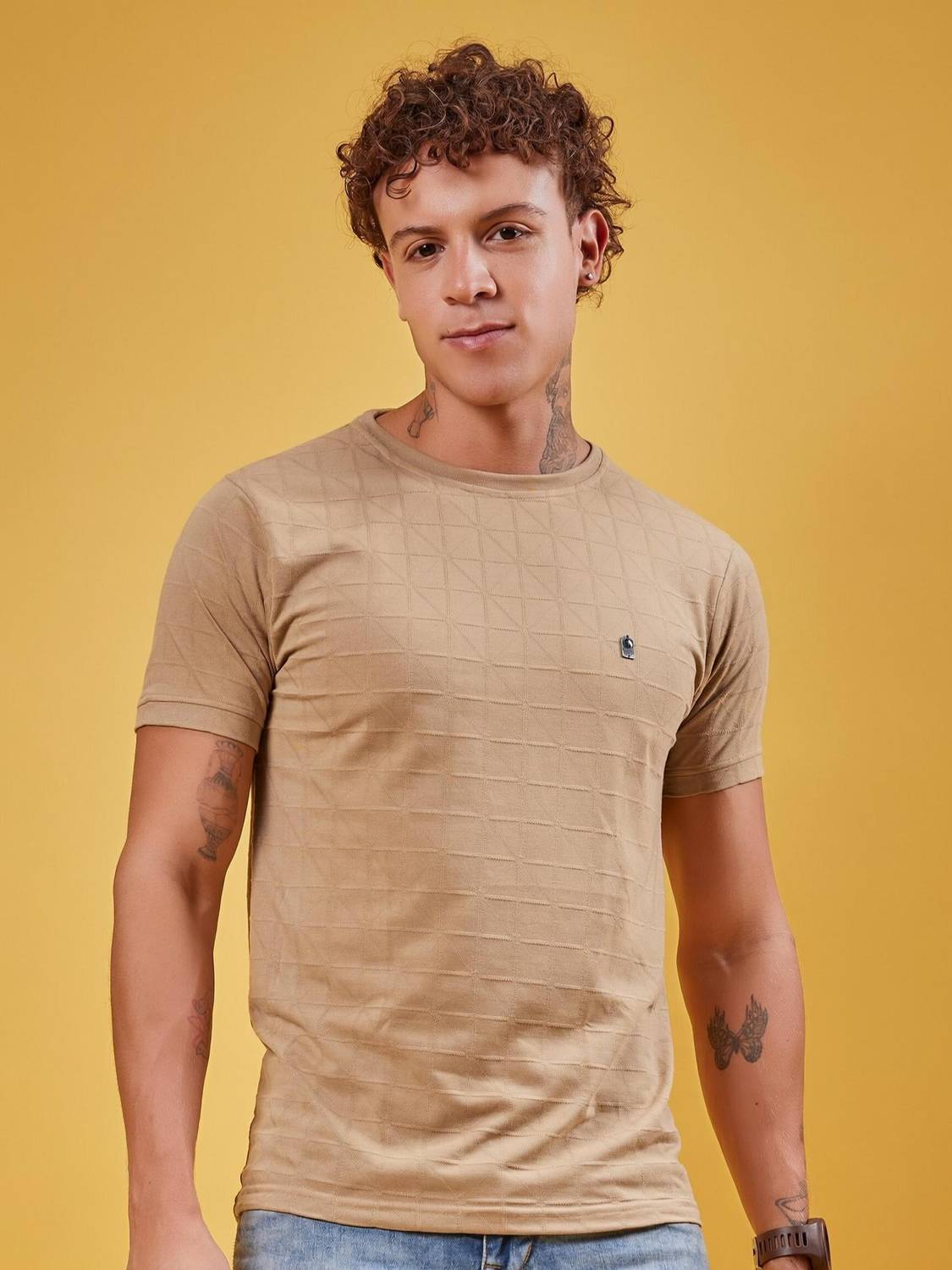 3BROS Solid Men Round Neck Brown T-Shirt