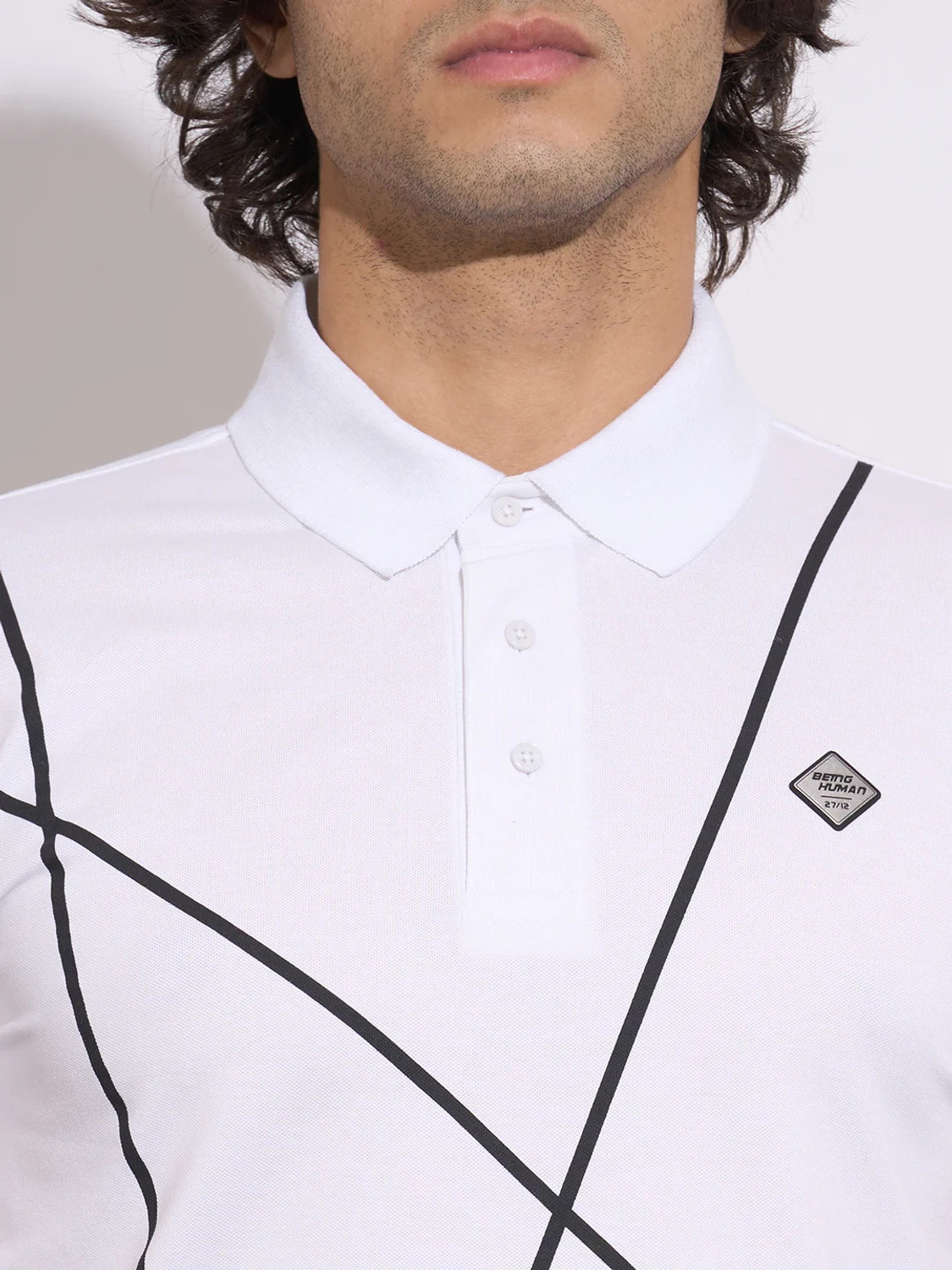 Image of BEING HUMAN Geometric Print Men Polo Neck White T-Shirt