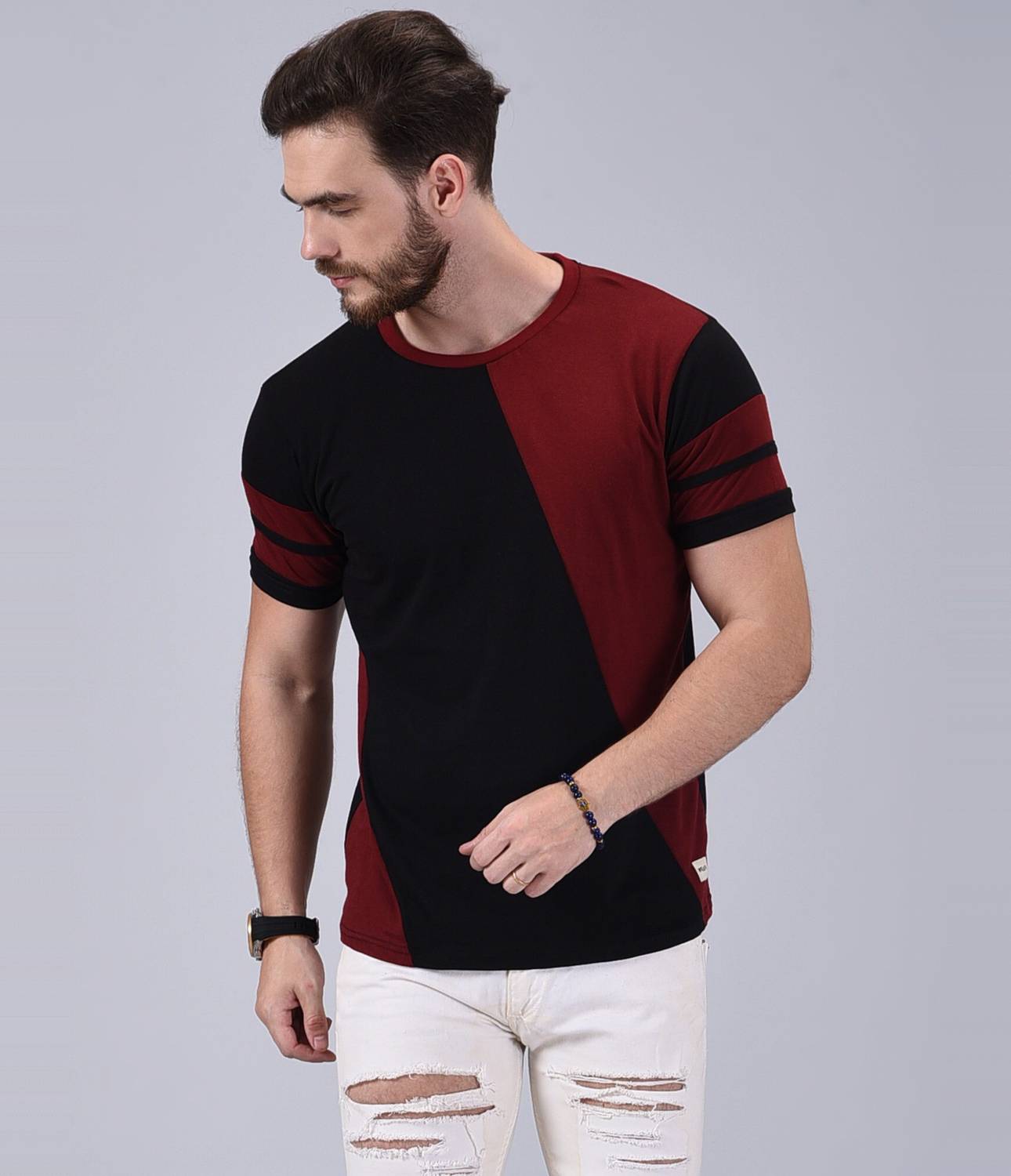 Wrath Men Colorblock Round Neck Pure Cotton Maroon, Black T-Shirt