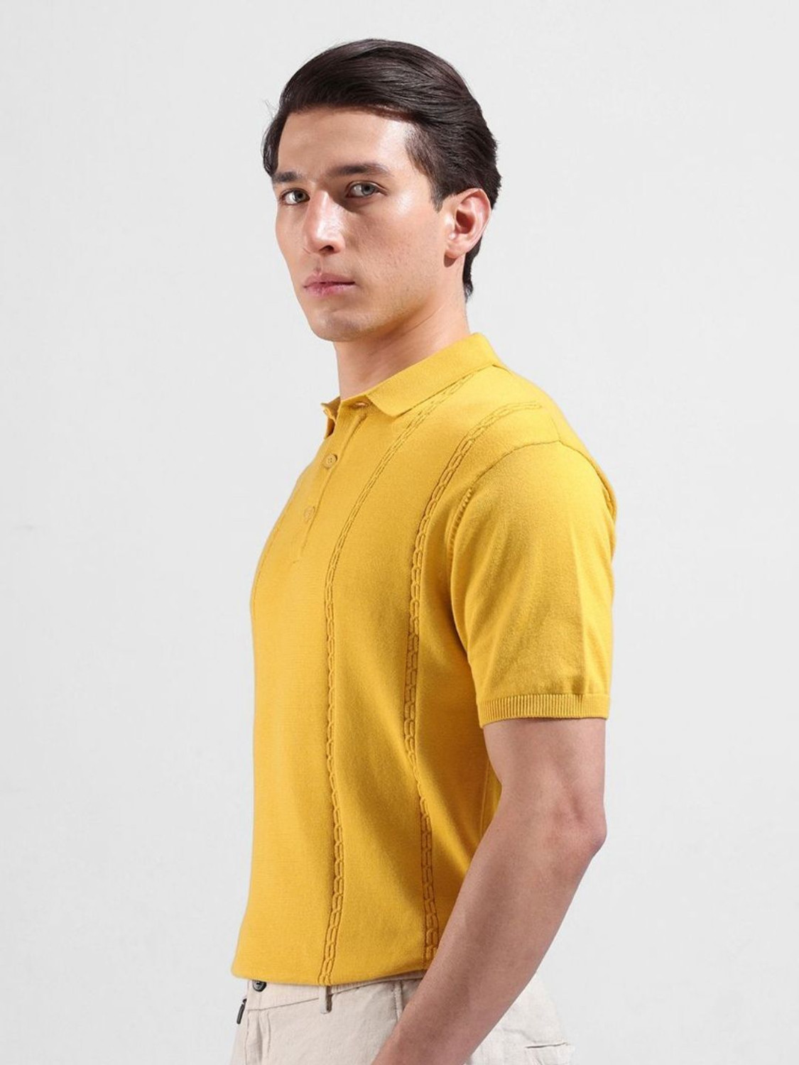 Image of The Indian Garage Co. Self Design Men Polo Neck Yellow T-Shirt